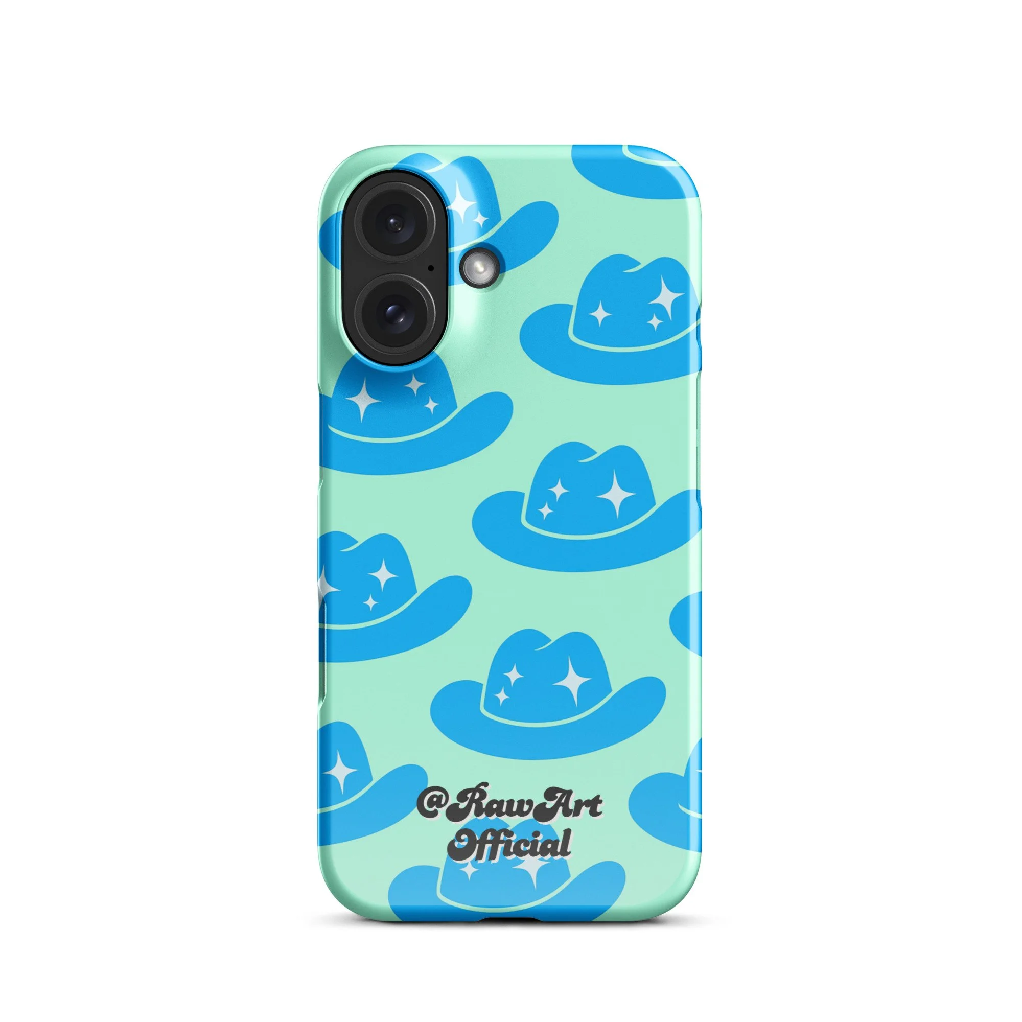 Mint iPhone case with blue cowboy hat pattern, retro western design.
