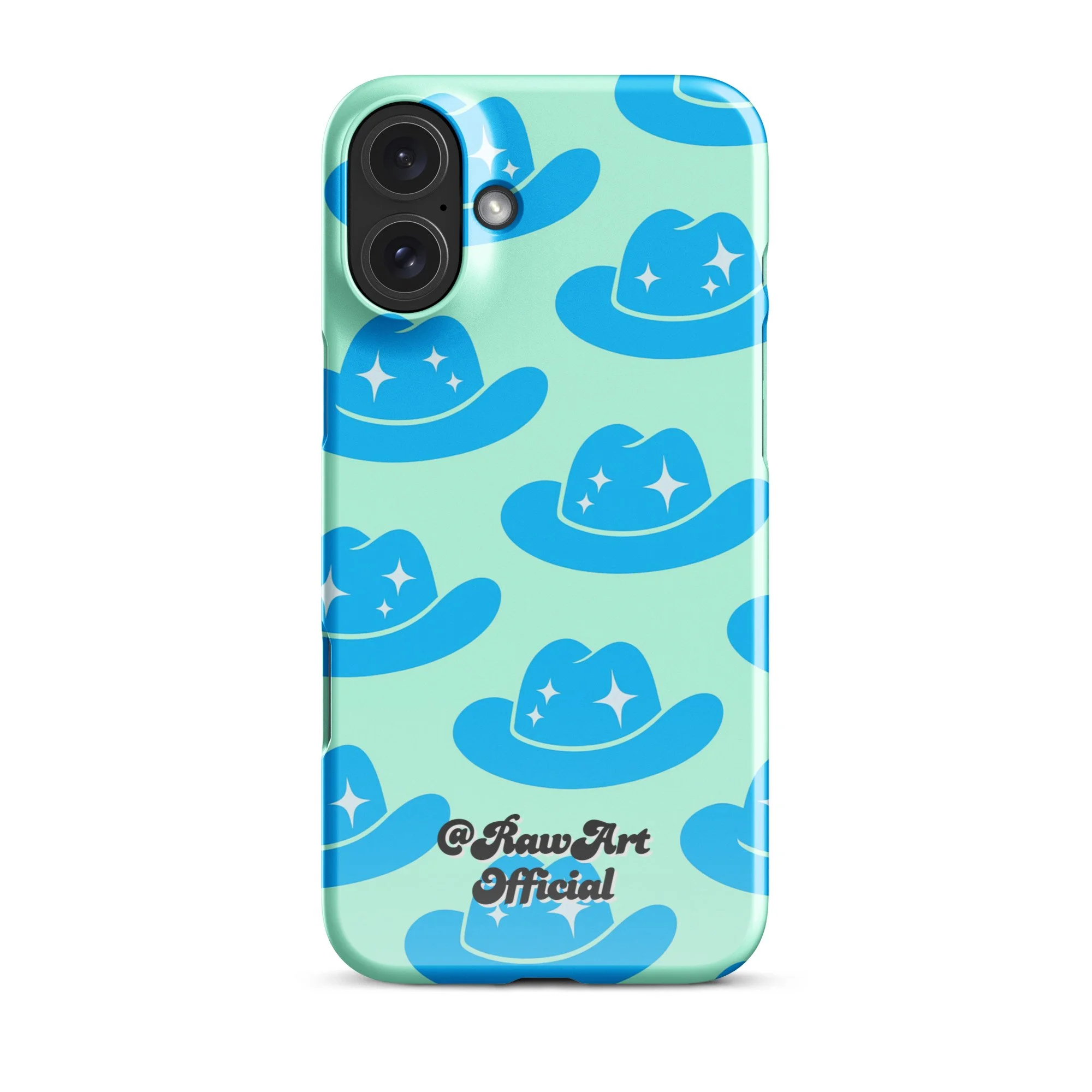 Mint iPhone case with blue cowboy hat pattern, retro western design.