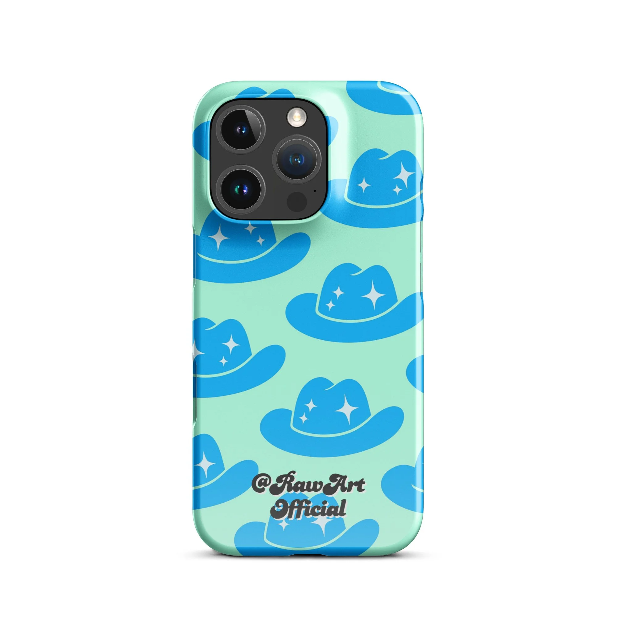 Mint iPhone case with blue cowboy hat pattern, retro western design.