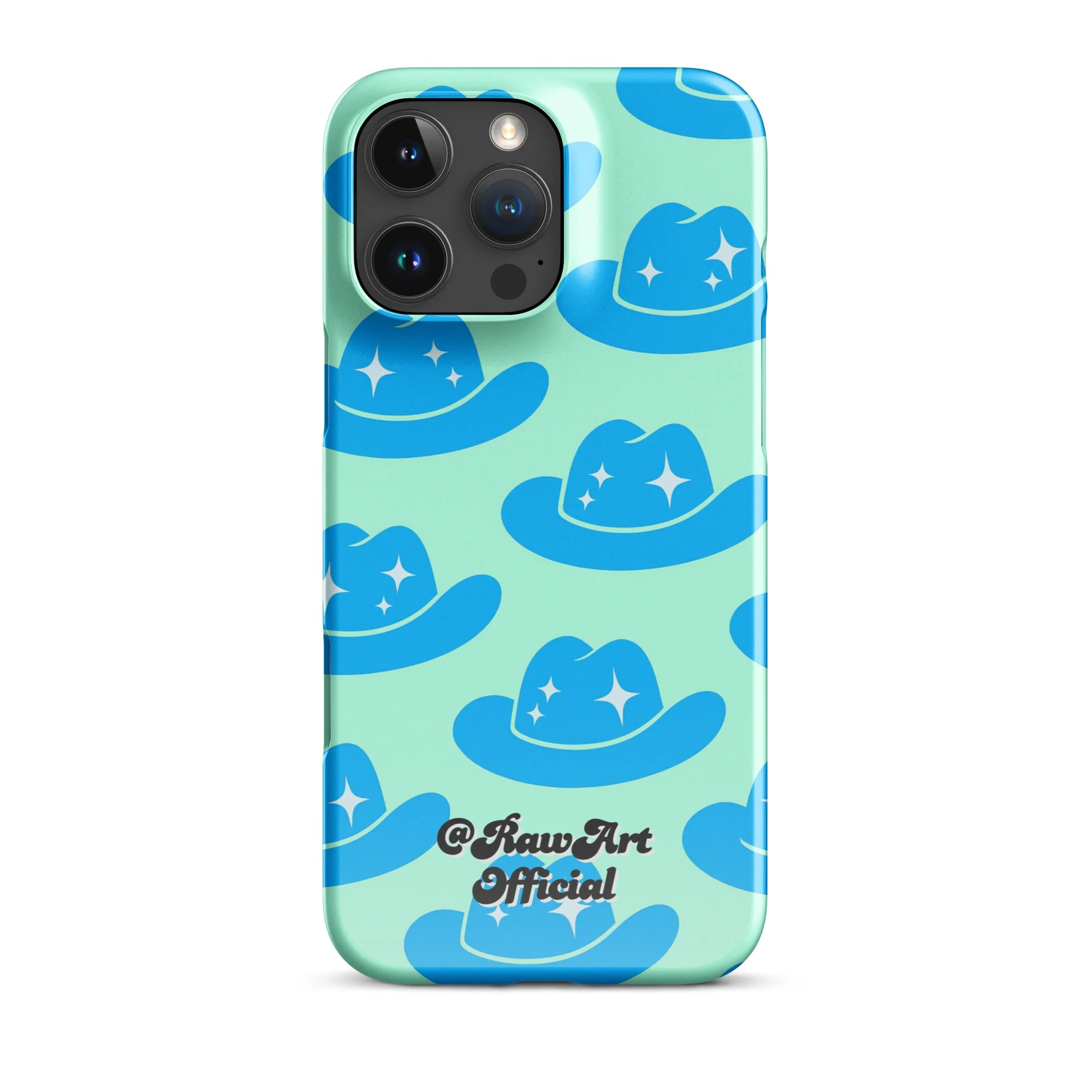 Mint iPhone case with blue cowboy hat pattern, retro western design.