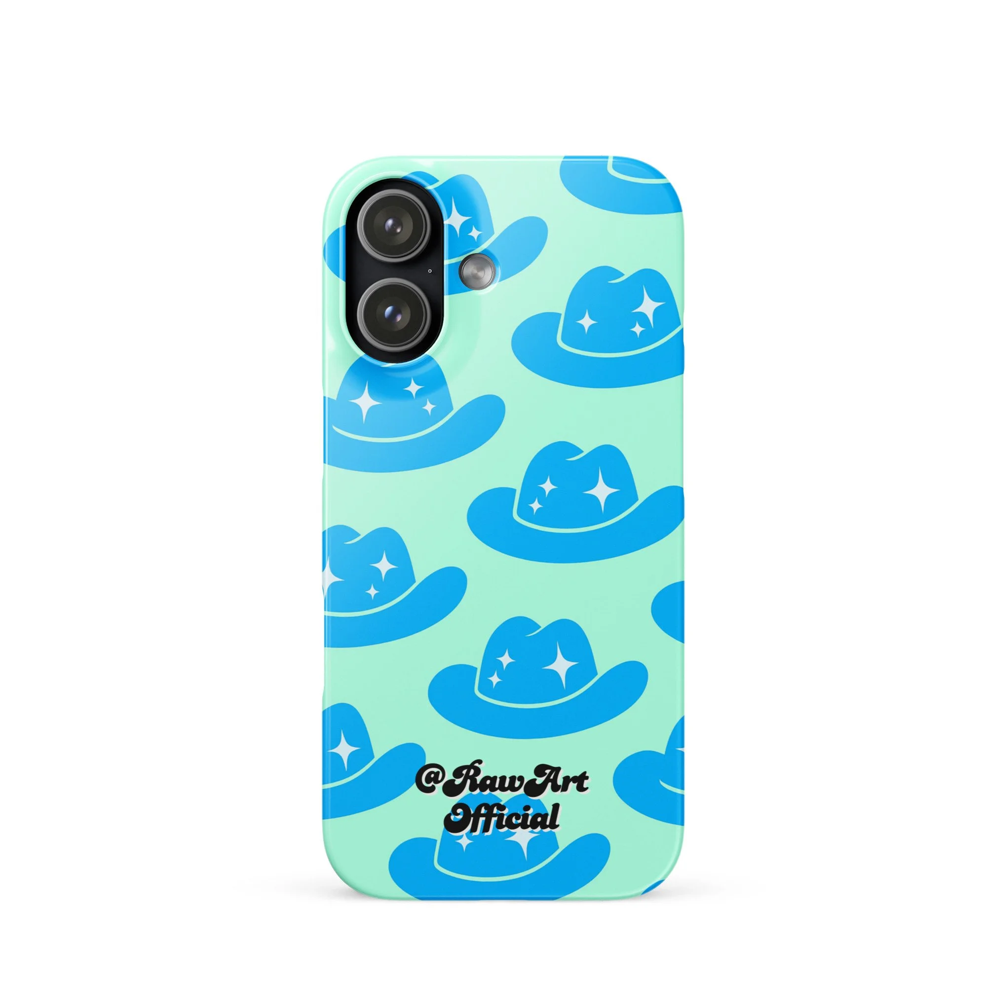 Mint iPhone case with blue cowboy hat pattern, retro western design.