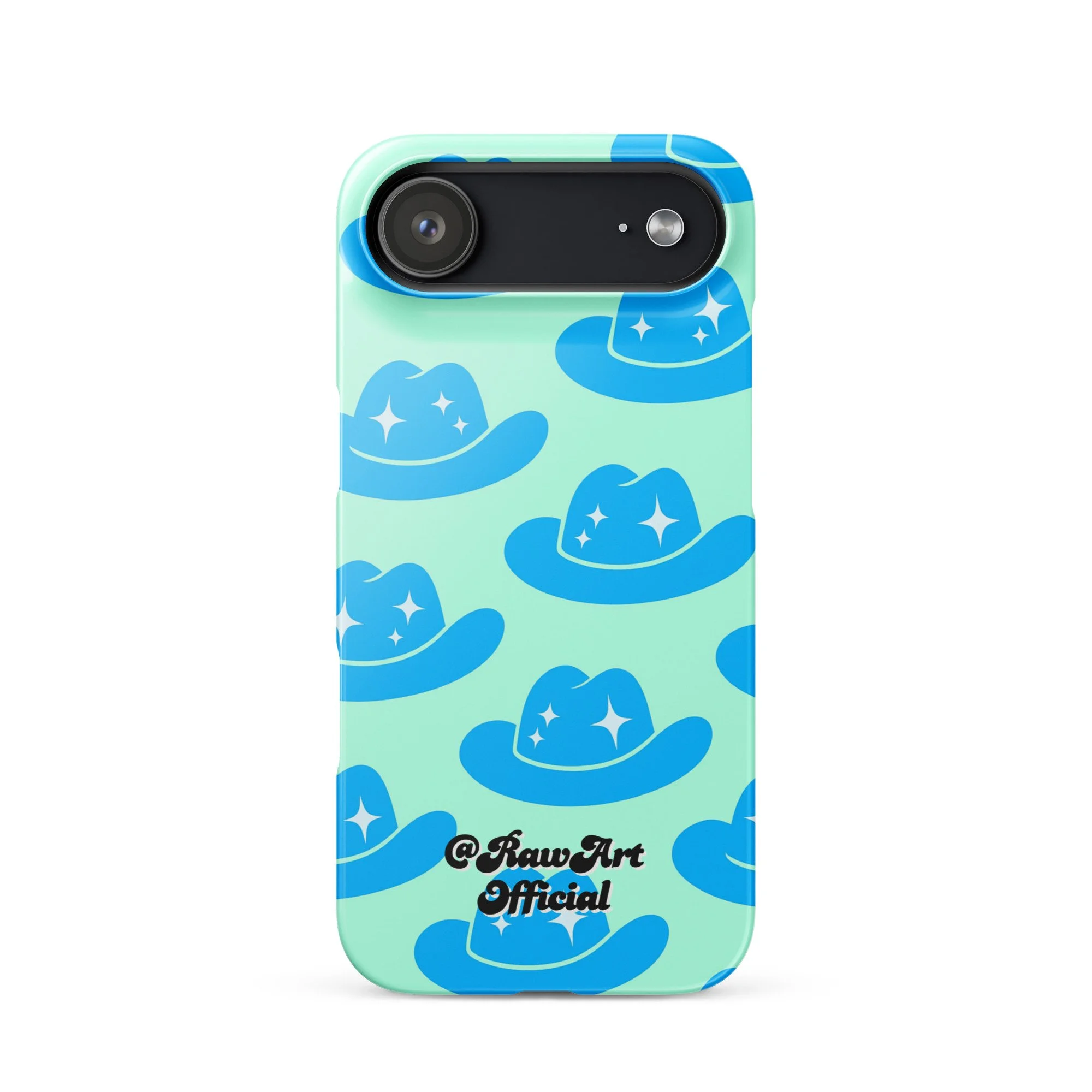 Mint iPhone case with blue cowboy hat pattern, retro western design.