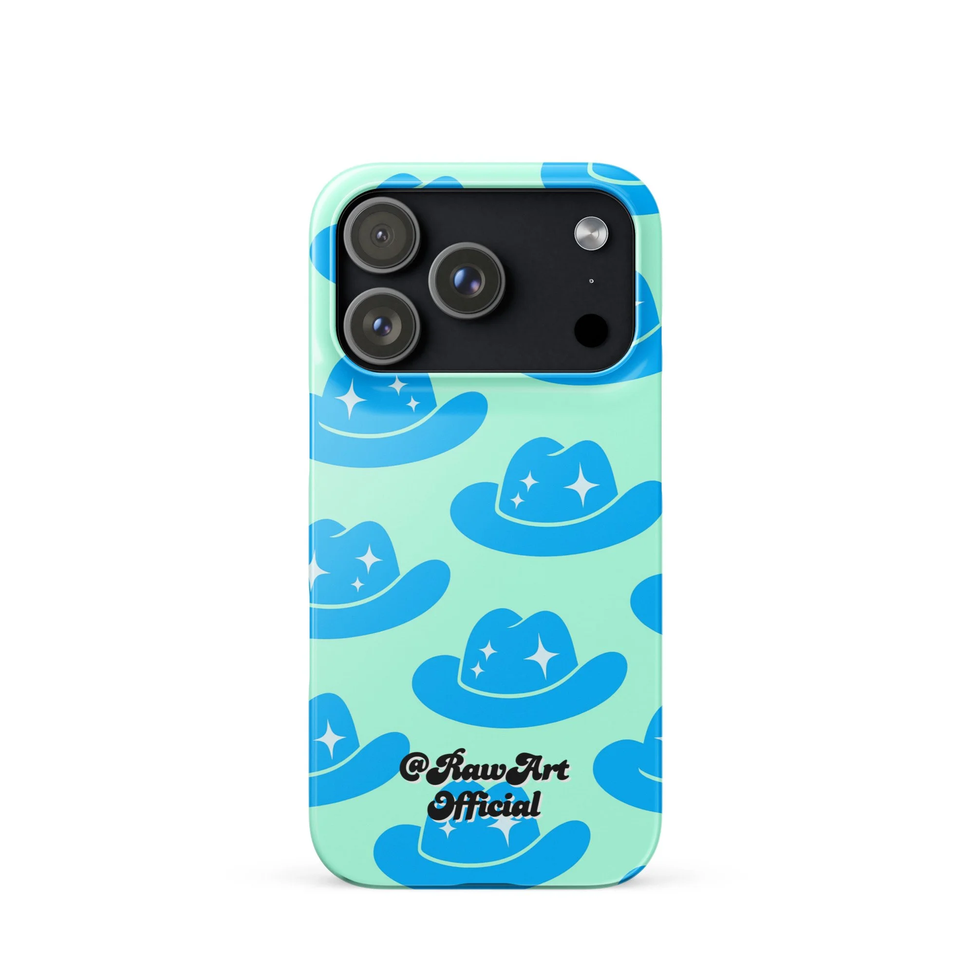 Mint iPhone case with blue cowboy hat pattern, retro western design.