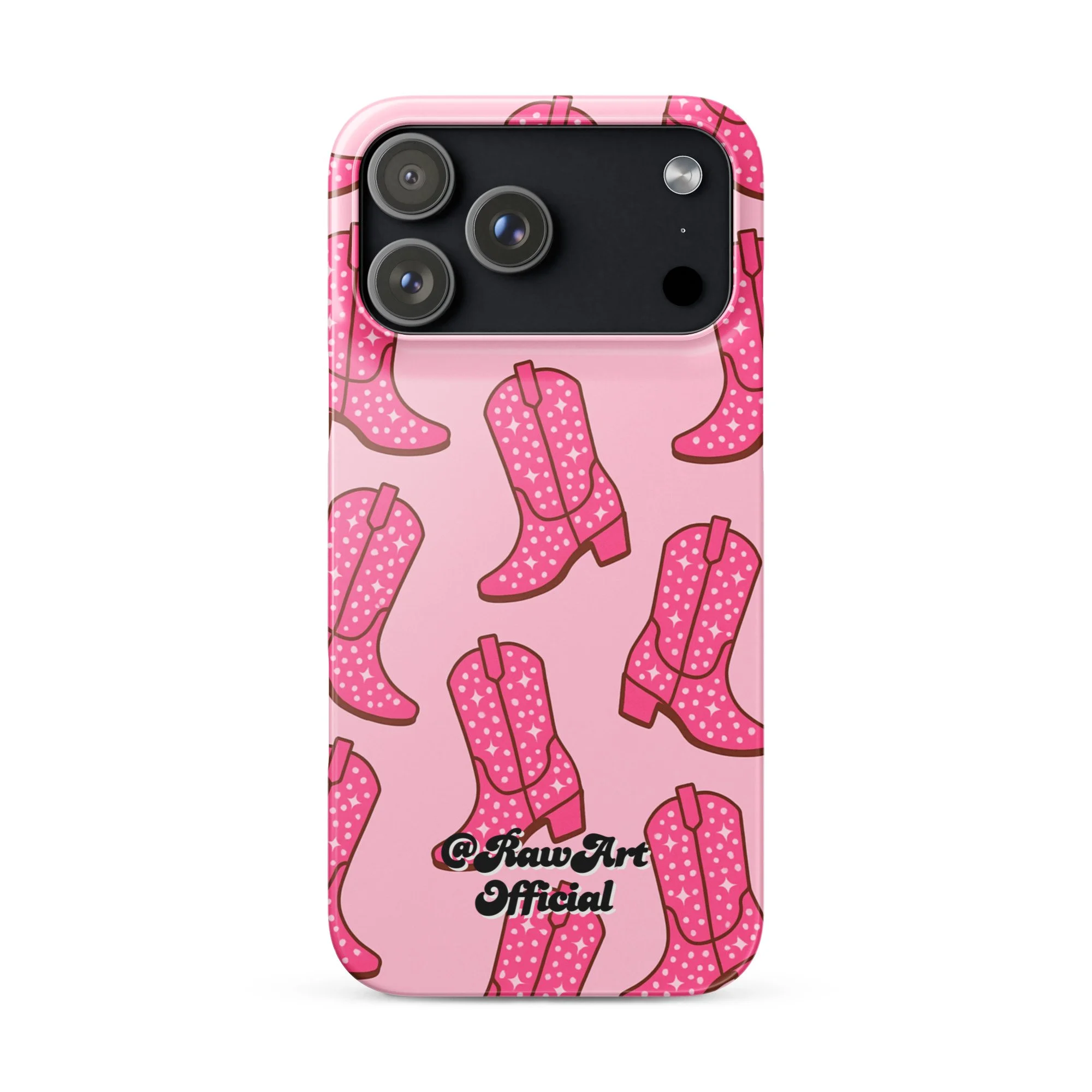 Pink iPhone case with retro cowboy boot pattern, Y2K western design.