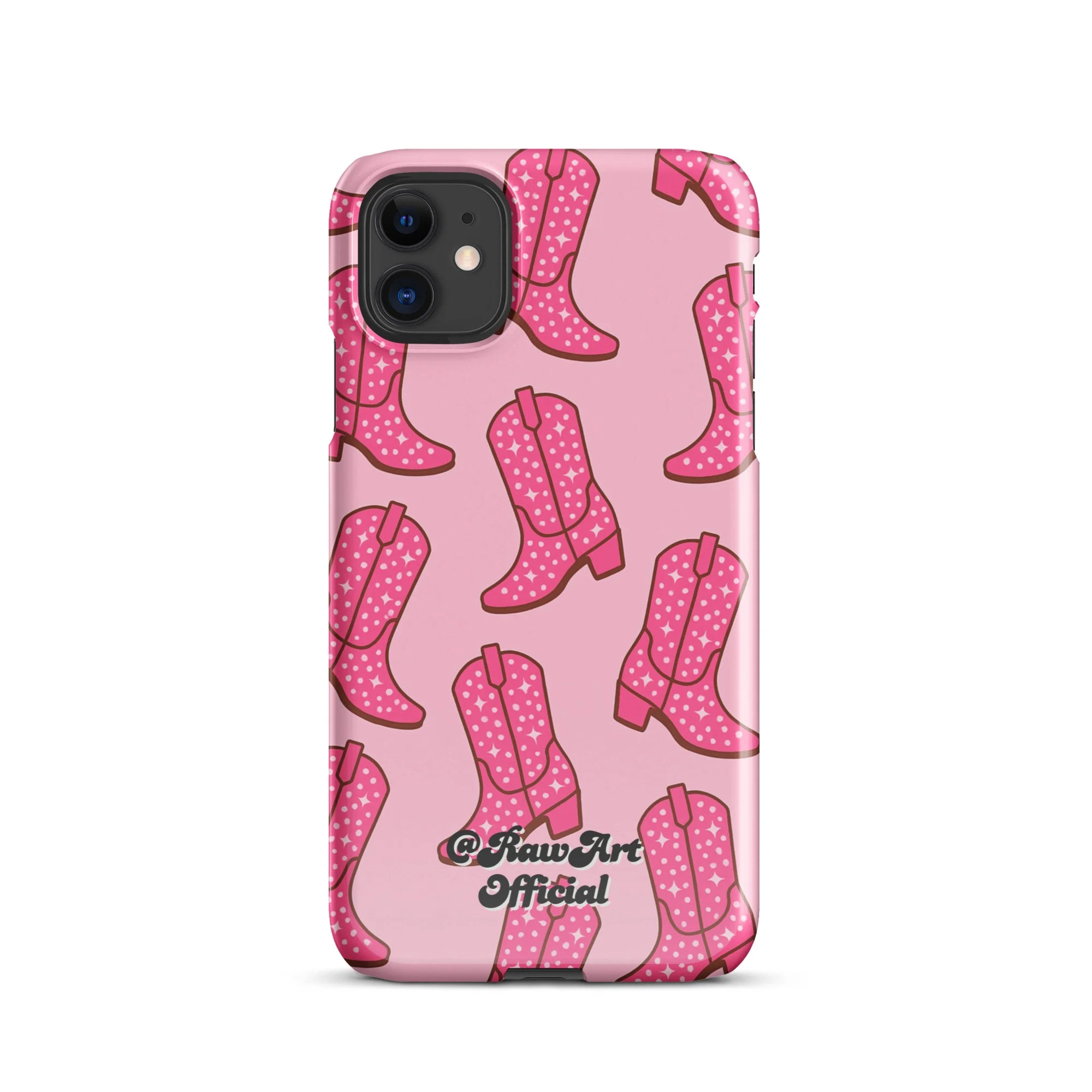 Pink iPhone case with retro cowboy boot pattern, Y2K western design.