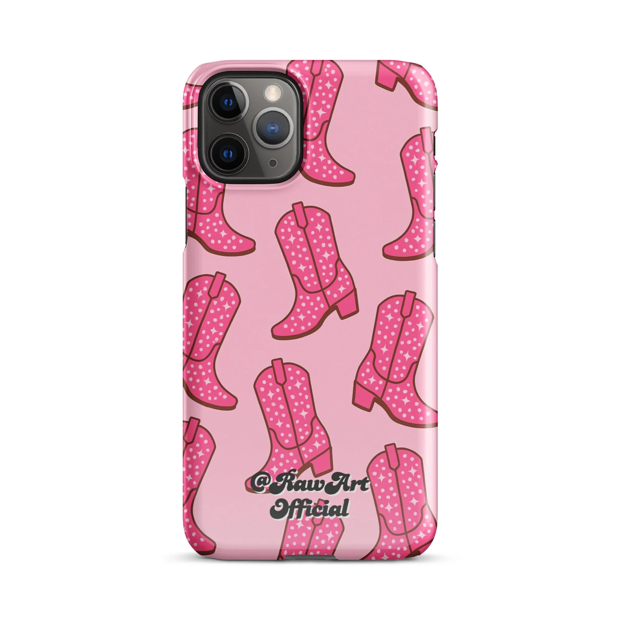 Pink iPhone case with retro cowboy boot pattern, Y2K western design.