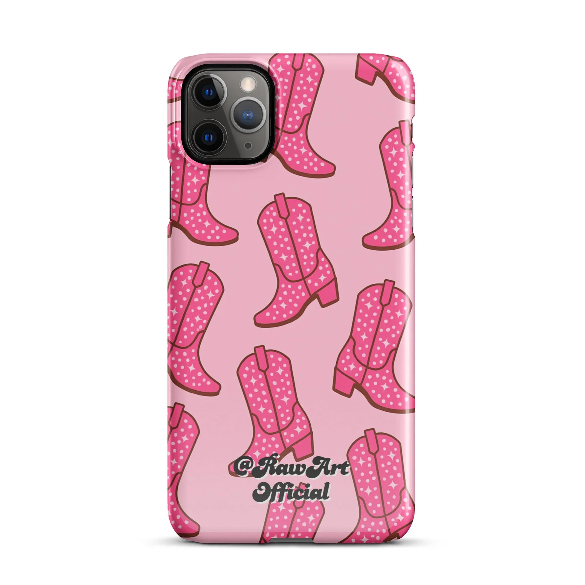 Pink iPhone case with retro cowboy boot pattern, Y2K western design.
