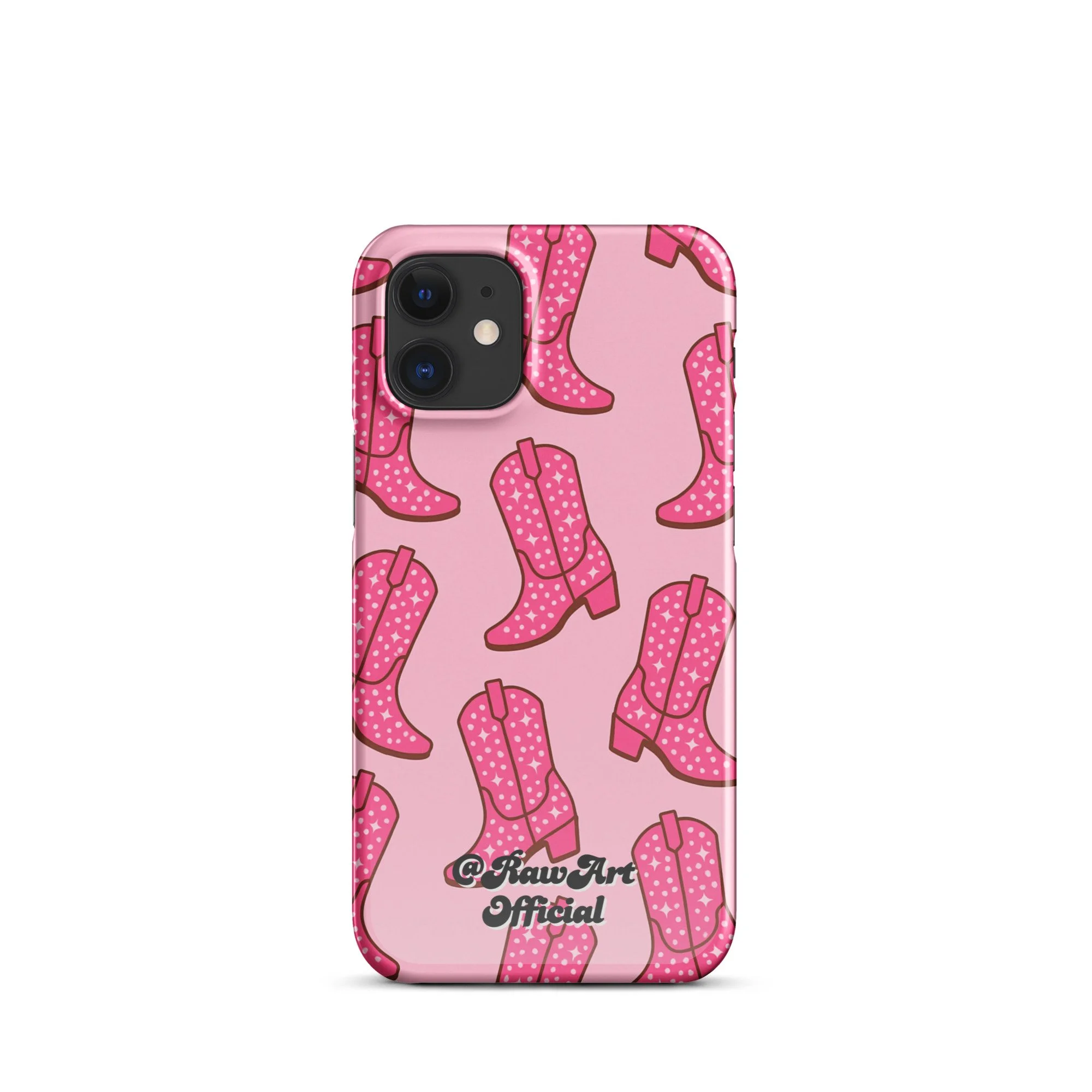 Pink iPhone case with retro cowboy boot pattern, Y2K western design.