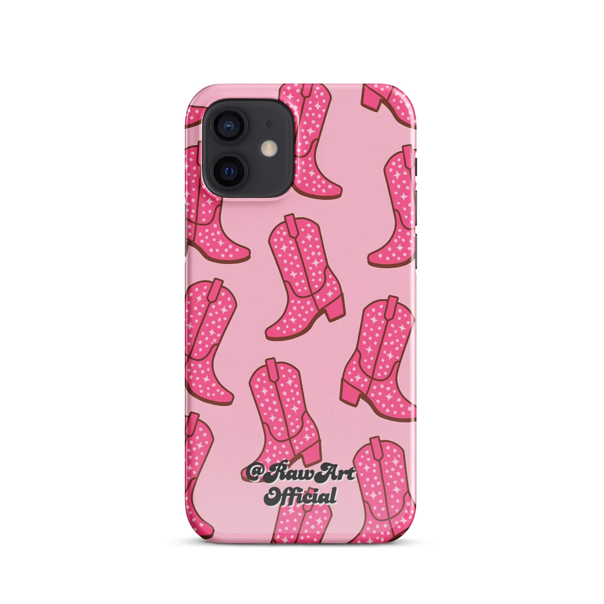 Pink iPhone case with retro cowboy boot pattern, Y2K western design.