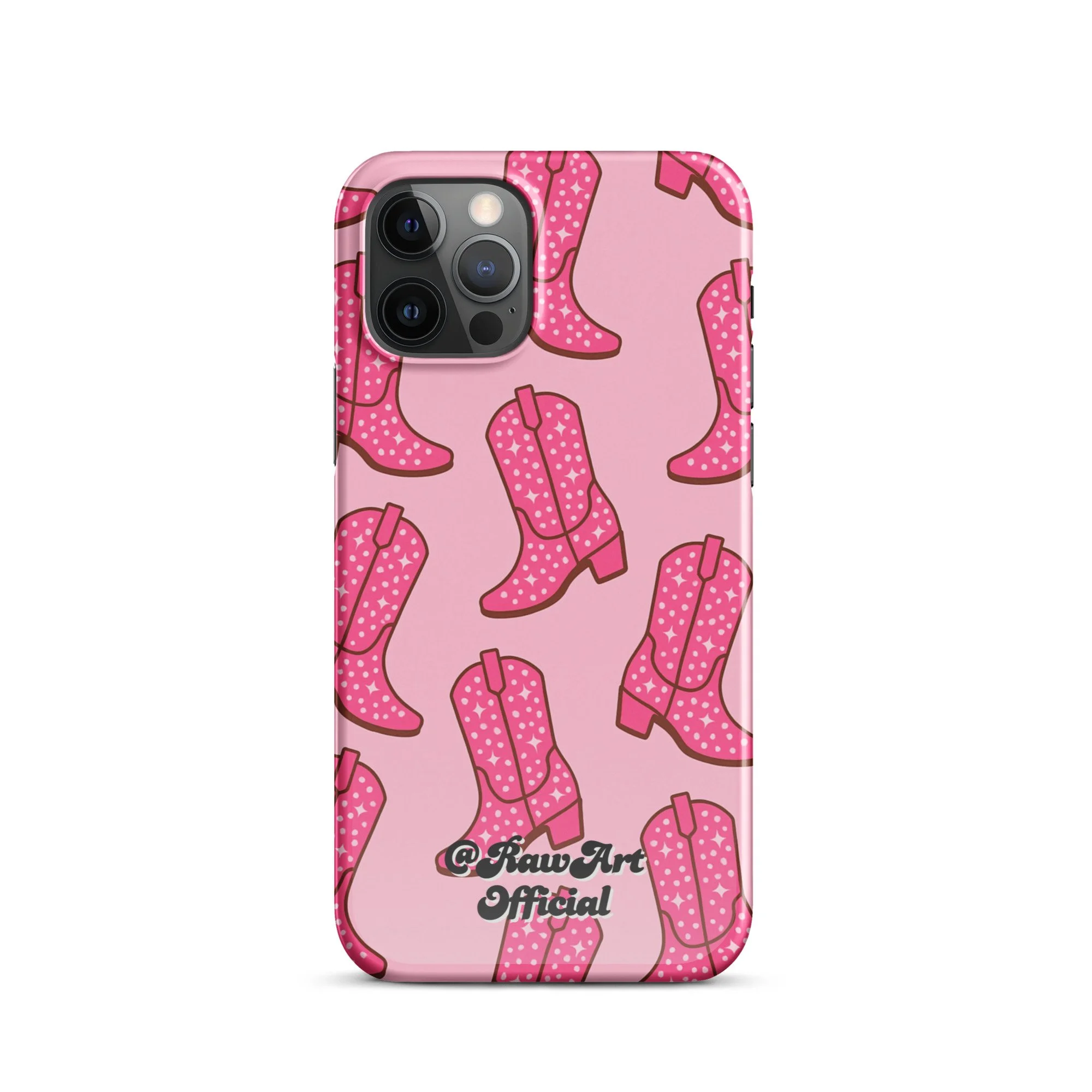 Pink iPhone case with retro cowboy boot pattern, Y2K western design.