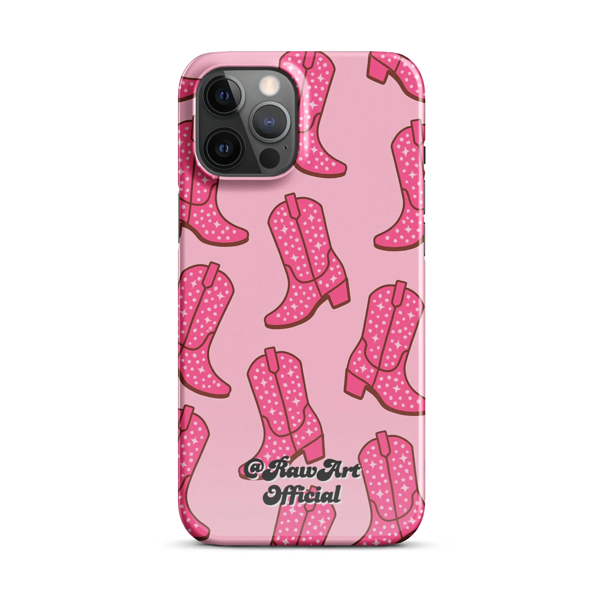 Pink iPhone case with retro cowboy boot pattern, Y2K western design.