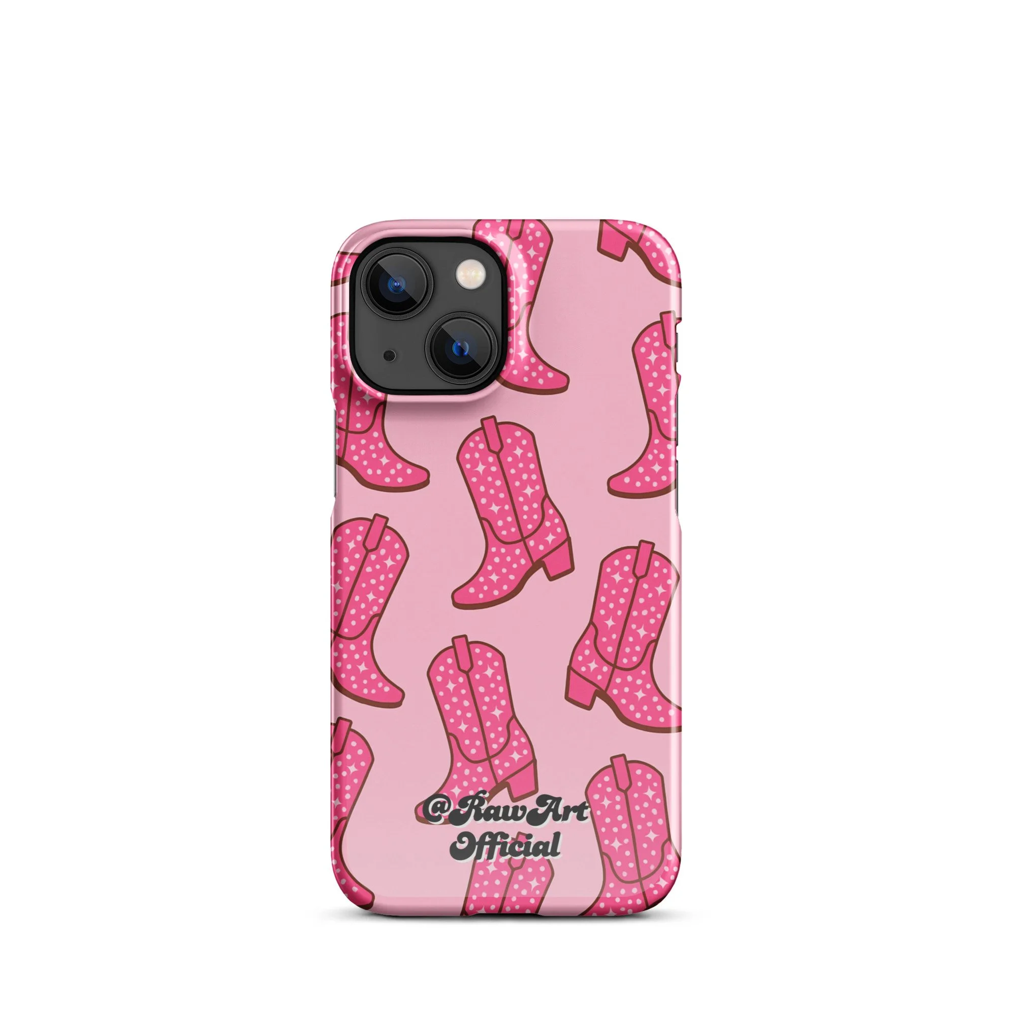 Pink iPhone case with retro cowboy boot pattern, Y2K western design.