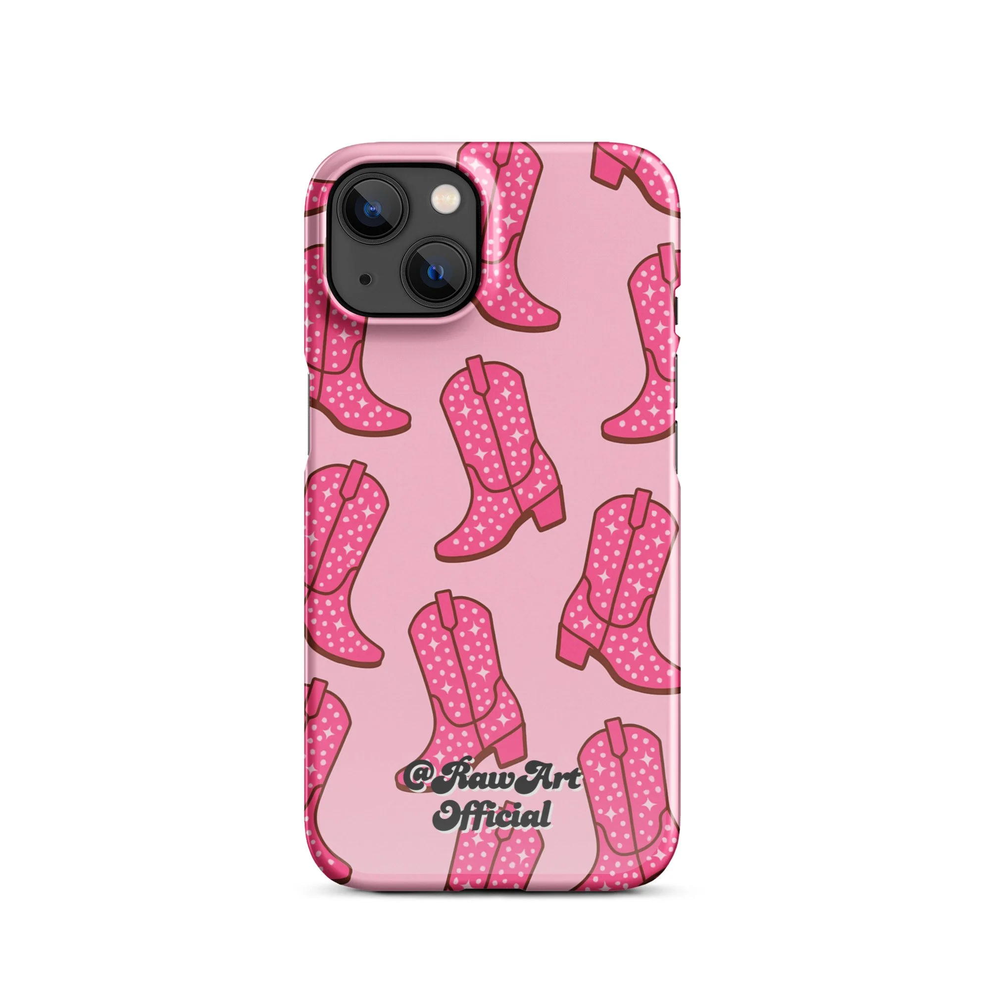 Pink iPhone case with retro cowboy boot pattern, Y2K western design.
