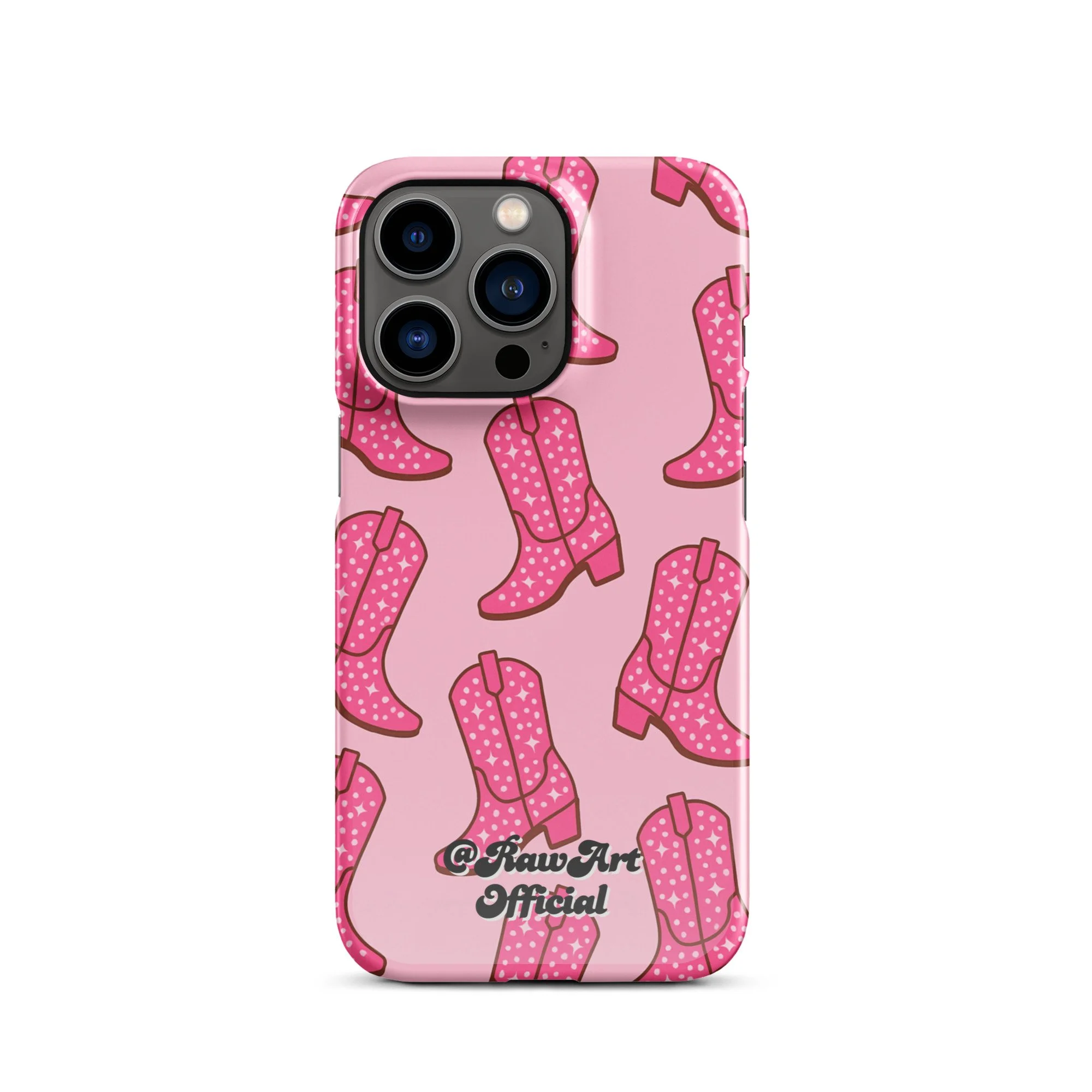 Pink iPhone case with retro cowboy boot pattern, Y2K western design.
