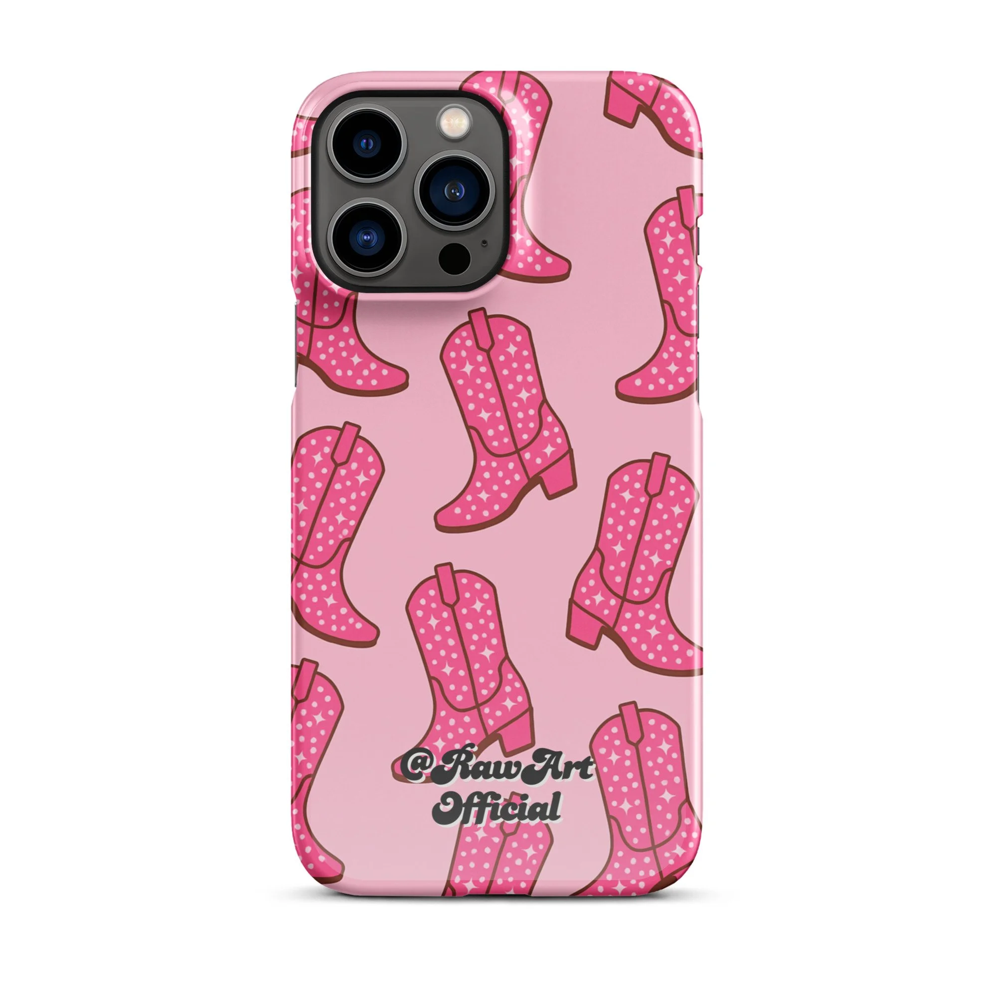 Pink iPhone case with retro cowboy boot pattern, Y2K western design.