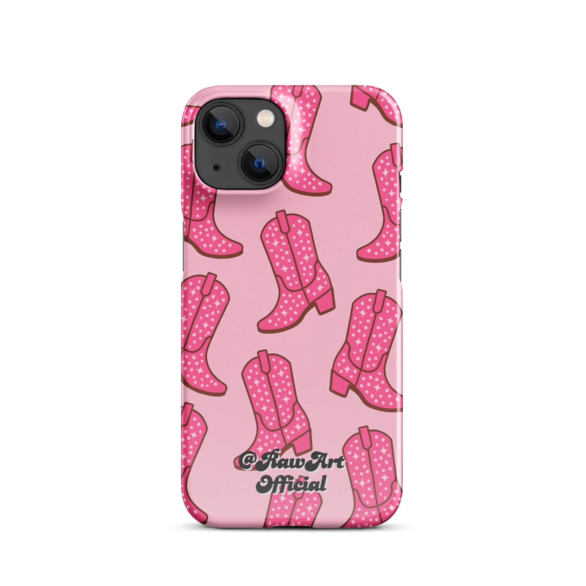 Pink iPhone case with retro cowboy boot pattern, Y2K western design.