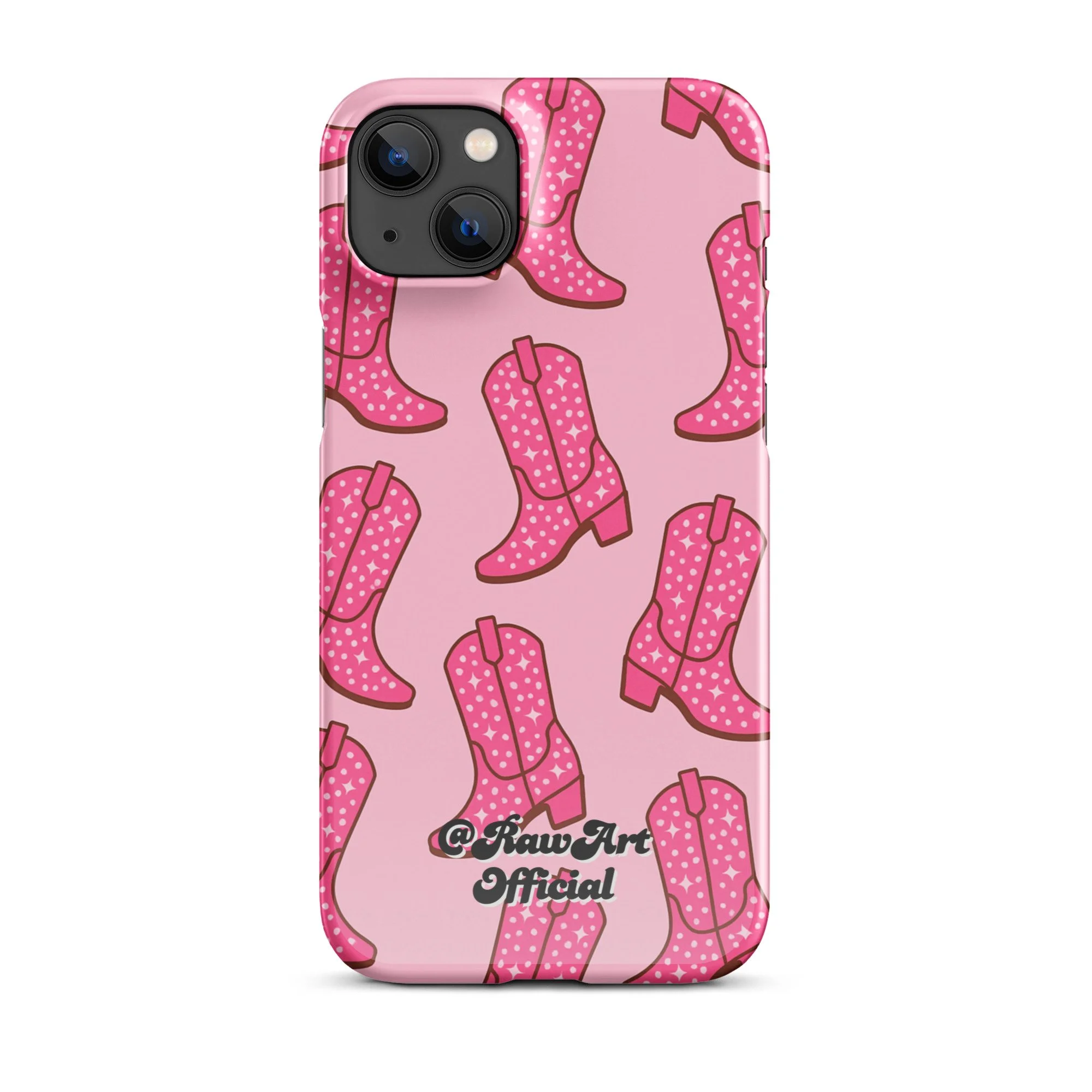 Pink iPhone case with retro cowboy boot pattern, Y2K western design.