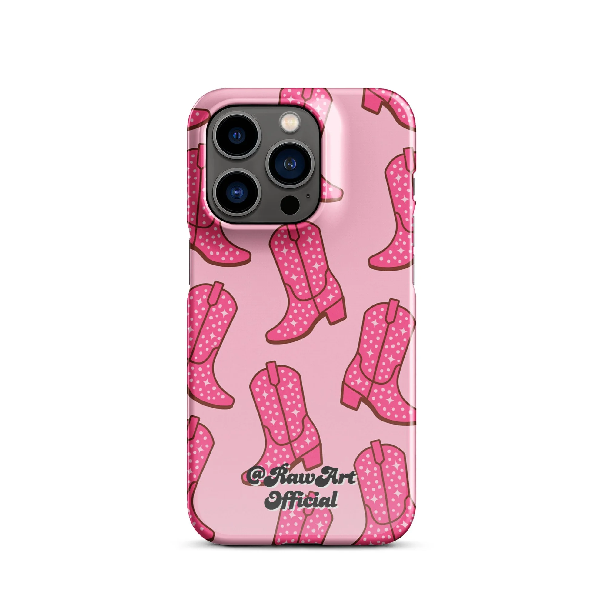 Pink iPhone case with retro cowboy boot pattern, Y2K western design.