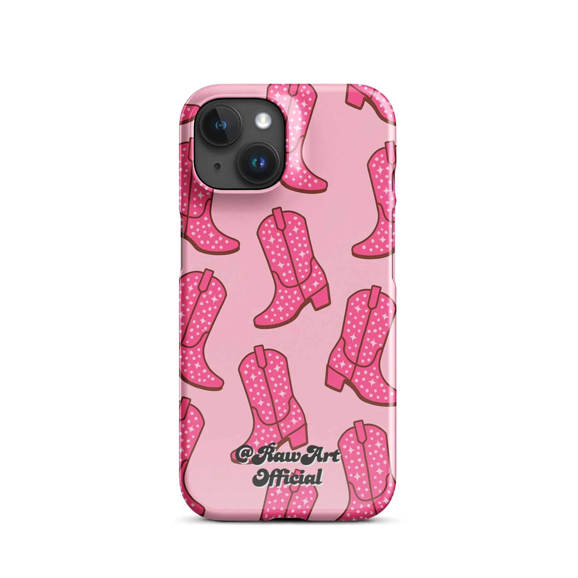 Pink iPhone case with retro cowboy boot pattern, Y2K western design.