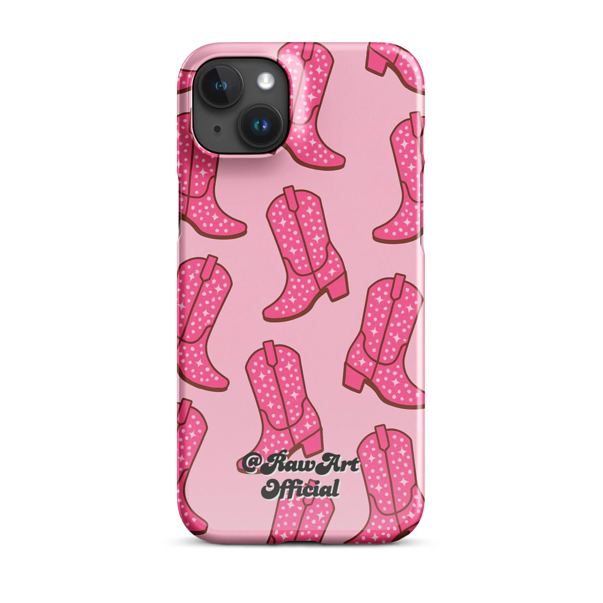 Pink iPhone case with retro cowboy boot pattern, Y2K western design.