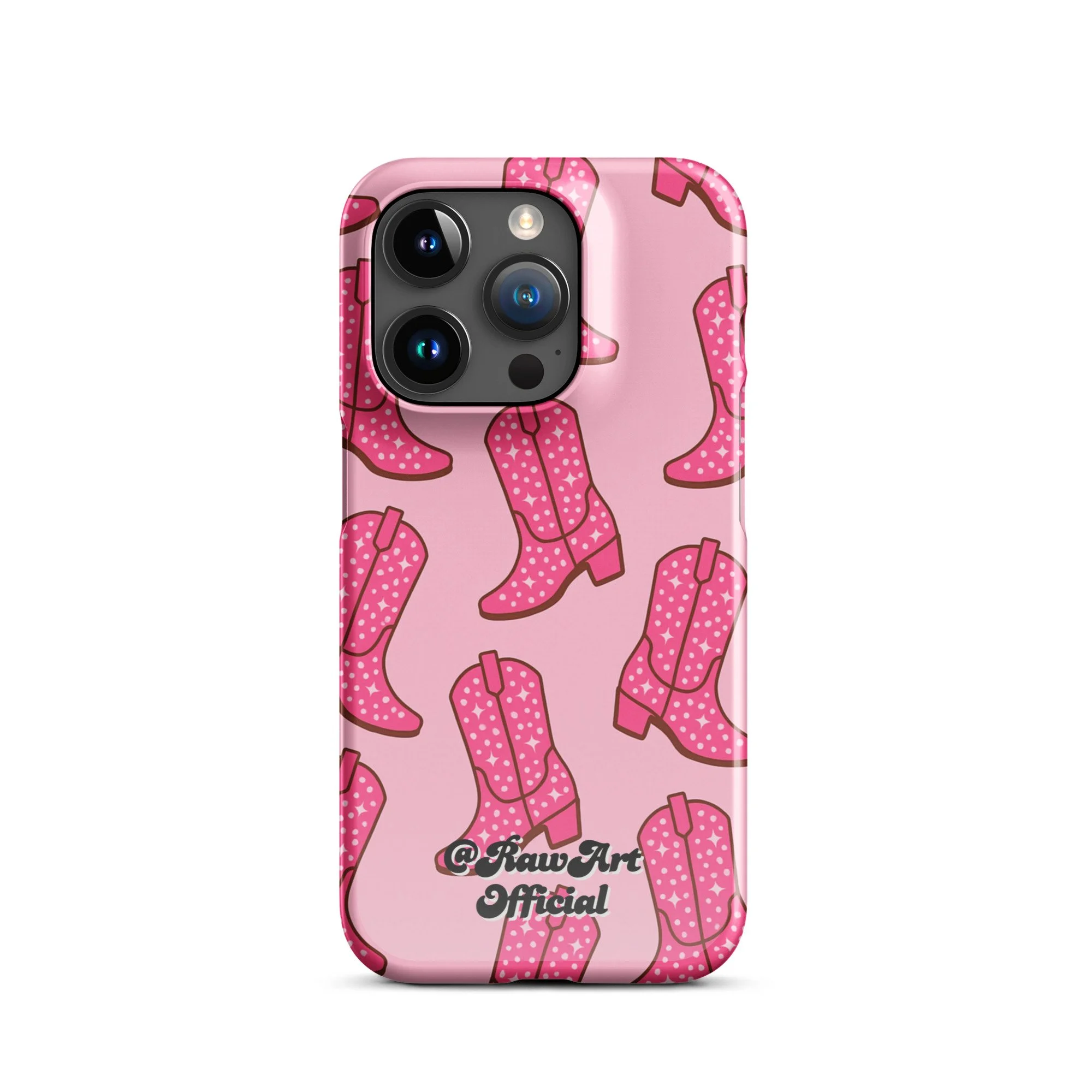 Pink iPhone case with retro cowboy boot pattern, Y2K western design.