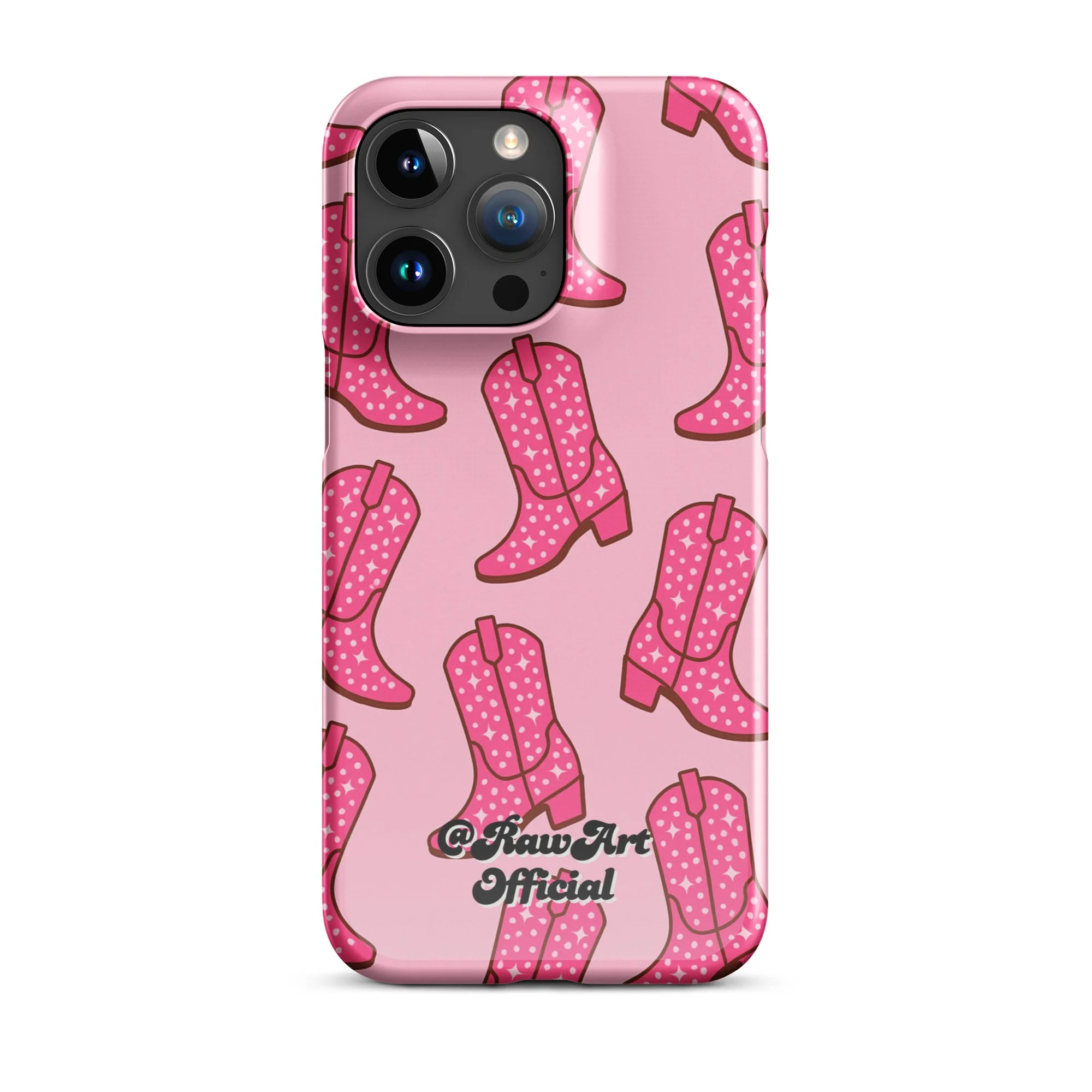 Pink iPhone case with retro cowboy boot pattern, Y2K western design.
