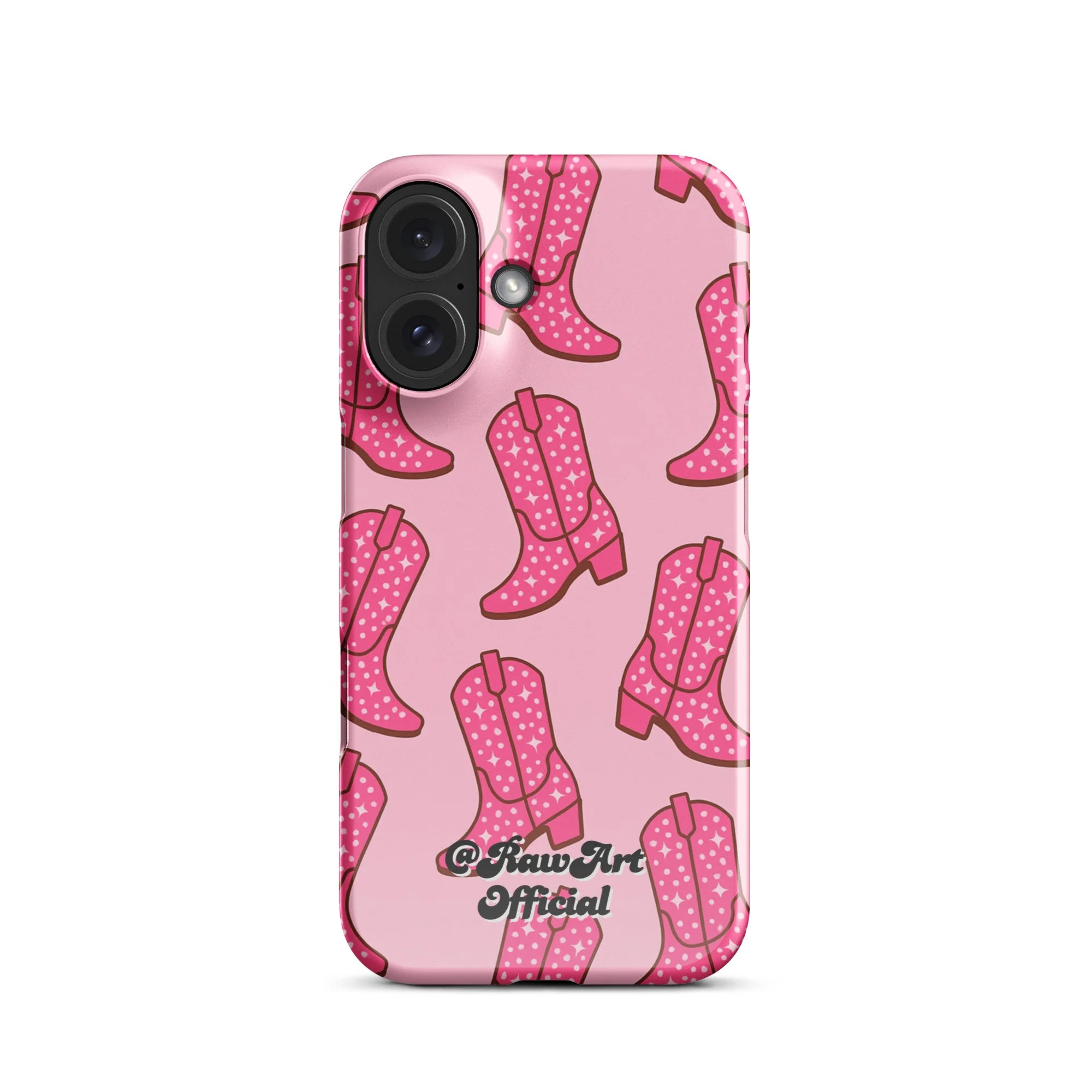 Pink iPhone case with retro cowboy boot pattern, Y2K western design.