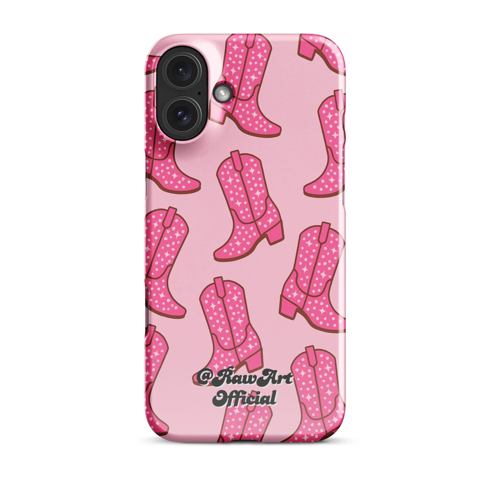 Pink iPhone case with retro cowboy boot pattern, Y2K western design.
