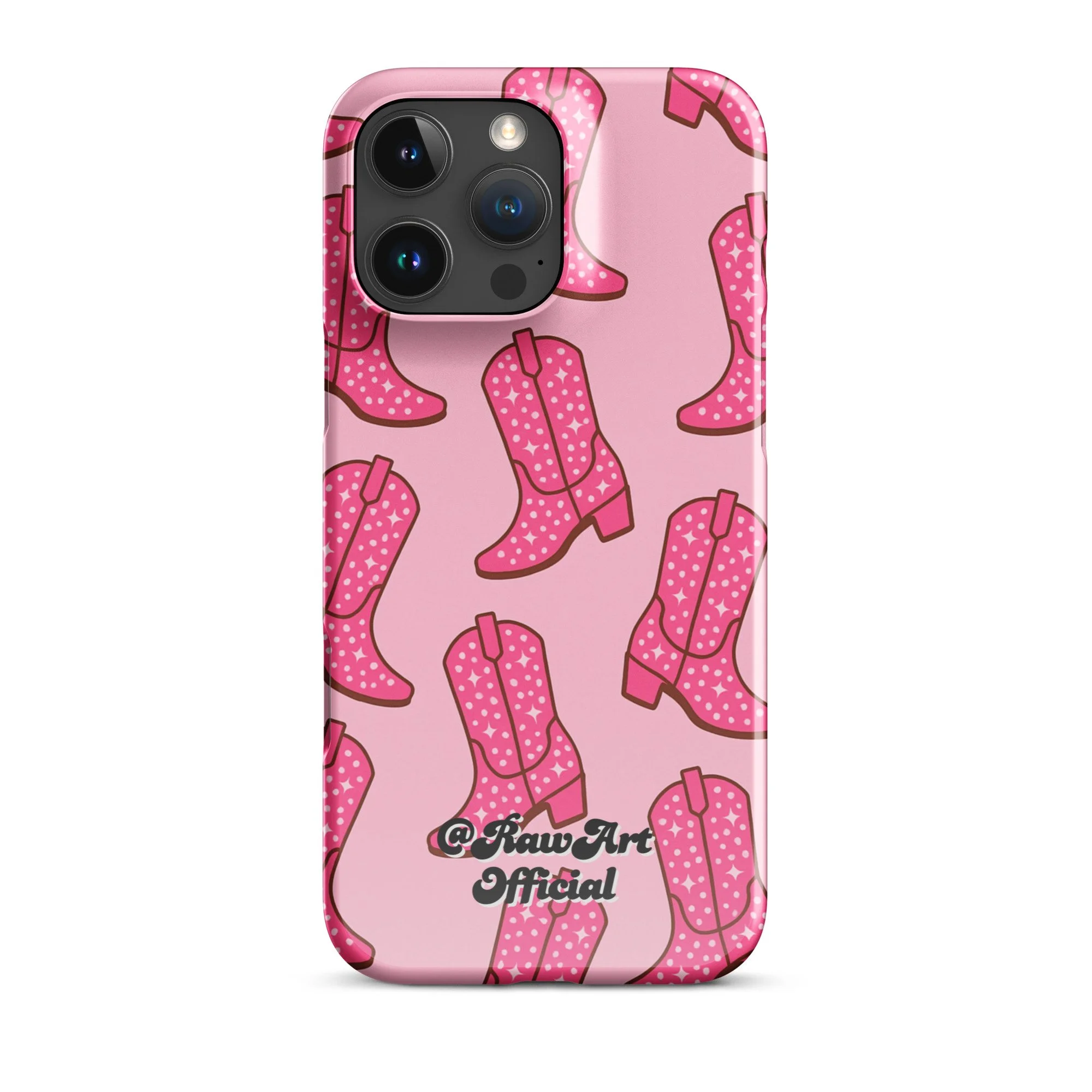 Pink iPhone case with retro cowboy boot pattern, Y2K western design.