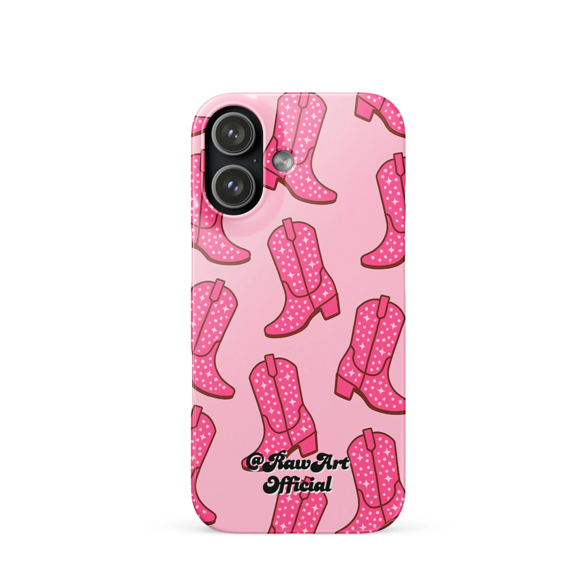Pink iPhone case with retro cowboy boot pattern, Y2K western design.