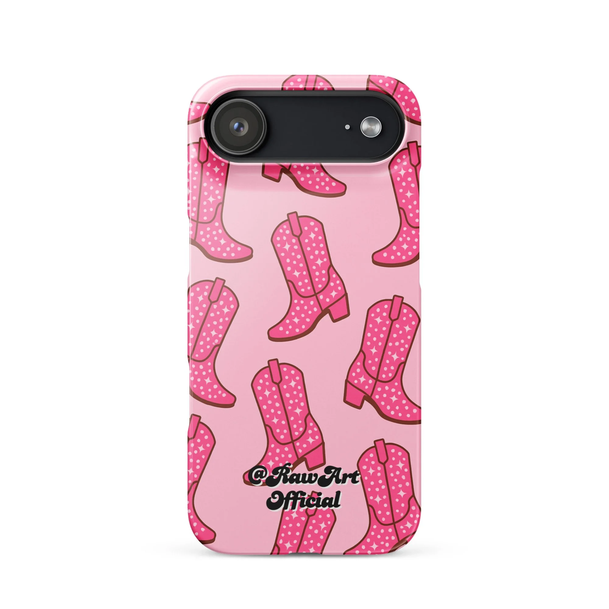 Pink iPhone case with retro cowboy boot pattern, Y2K western design.