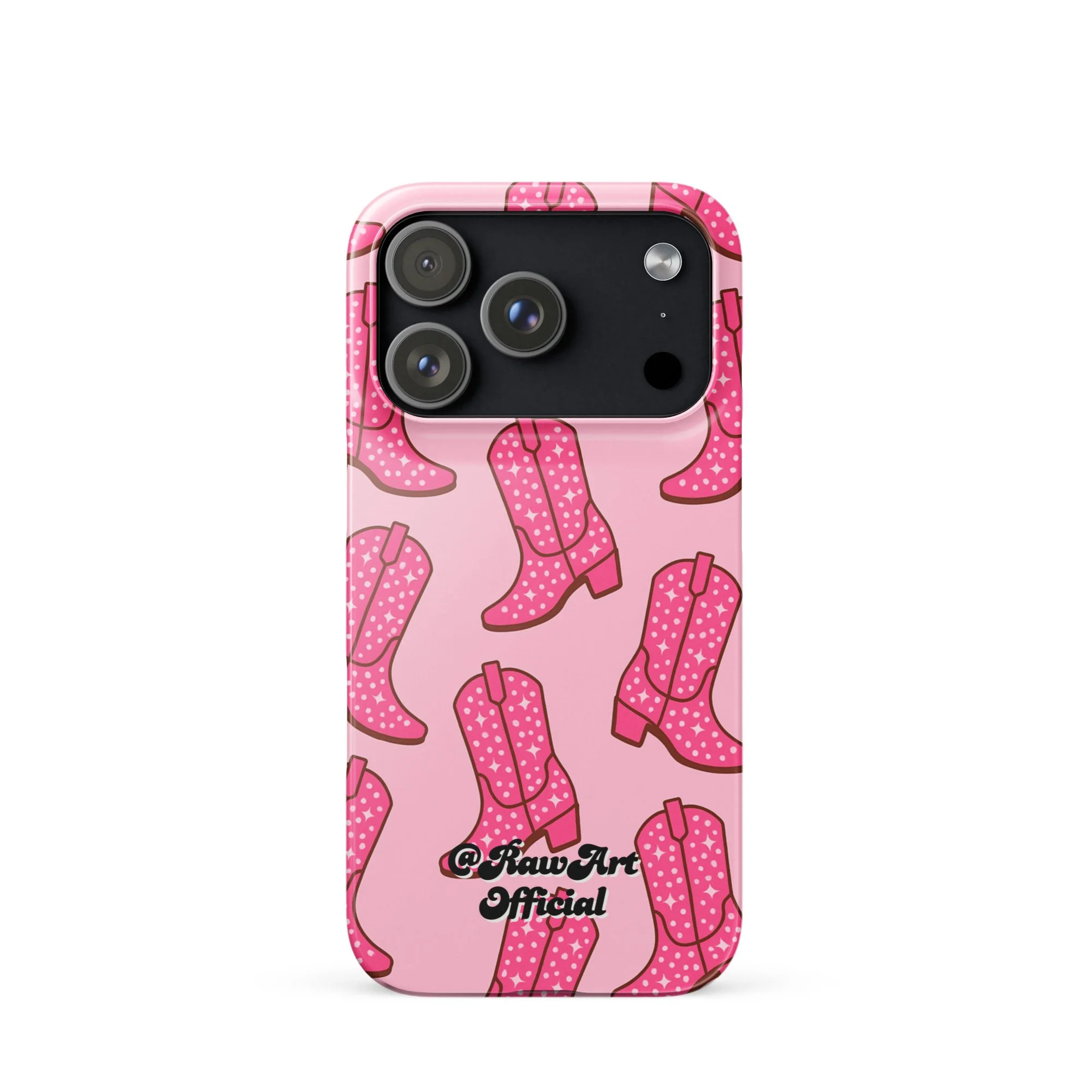 Pink iPhone case with retro cowboy boot pattern, Y2K western design.