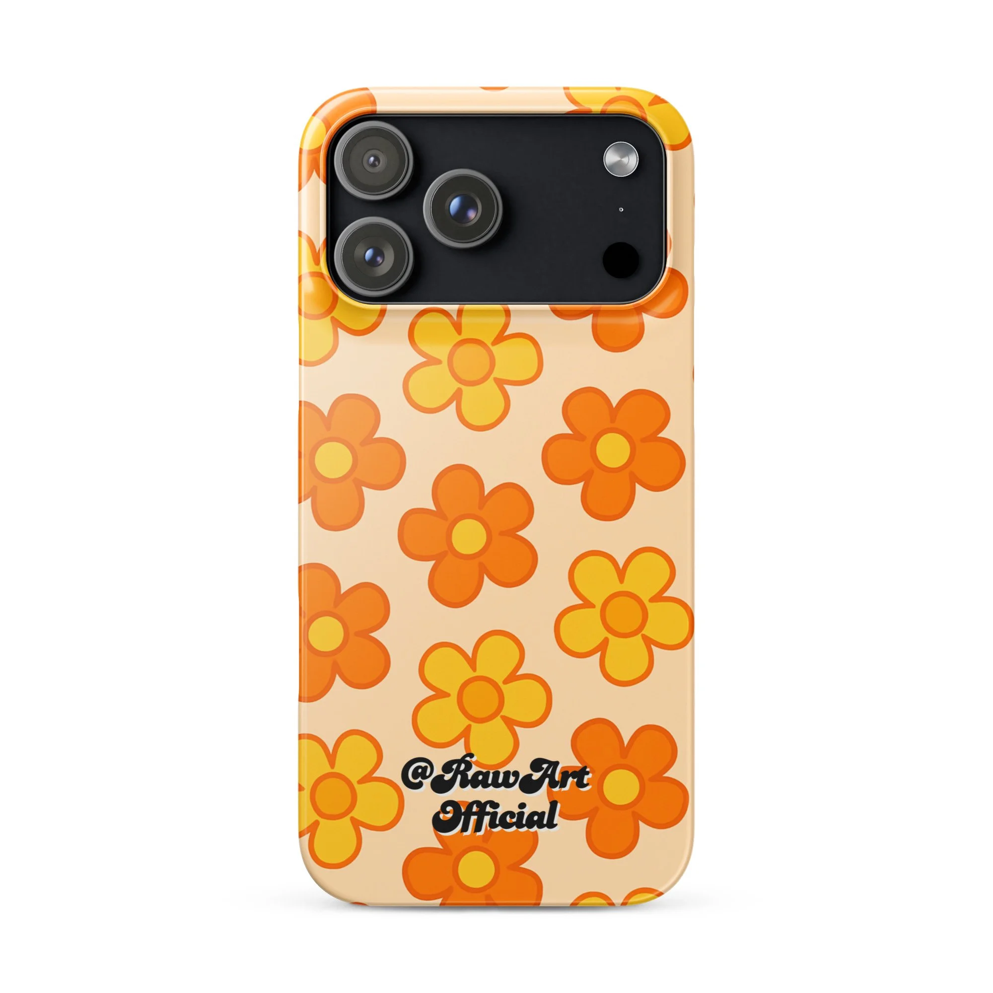 Beige iPhone case with orange and yellow retro flower pattern design.