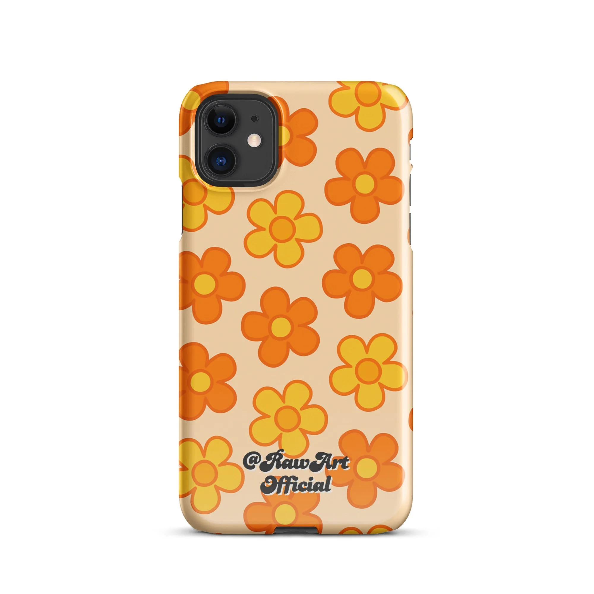 Beige iPhone case with orange and yellow retro flower pattern design.