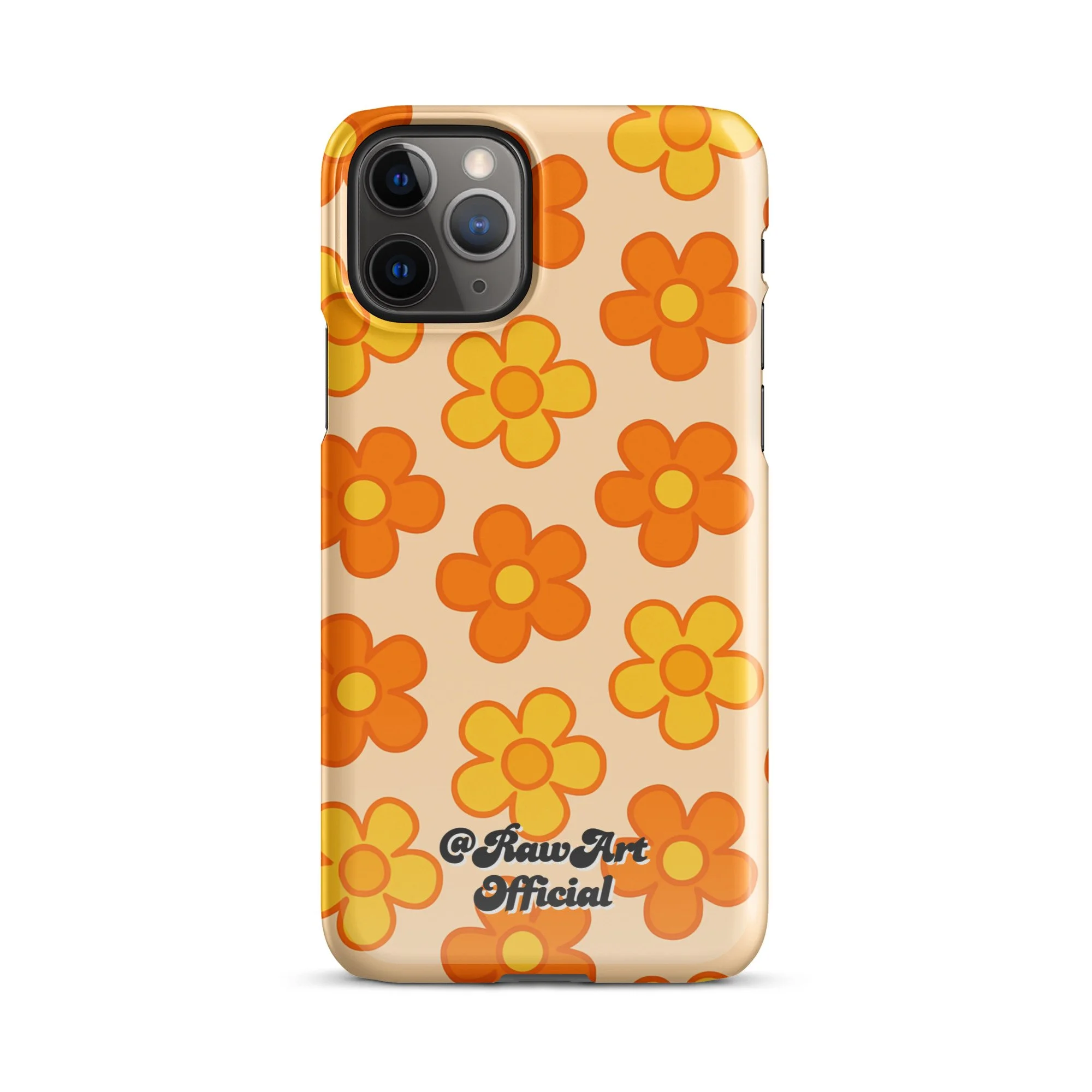 Beige iPhone case with orange and yellow retro flower pattern design.