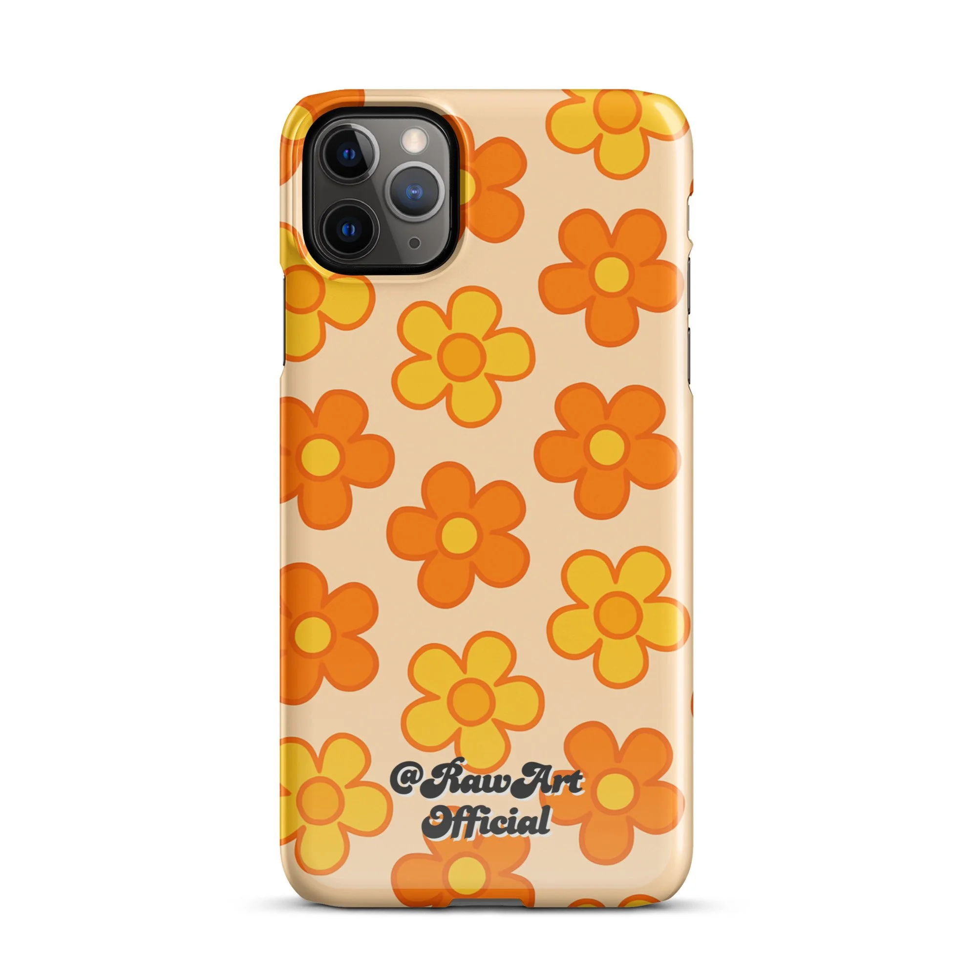 Beige iPhone case with orange and yellow retro flower pattern design.