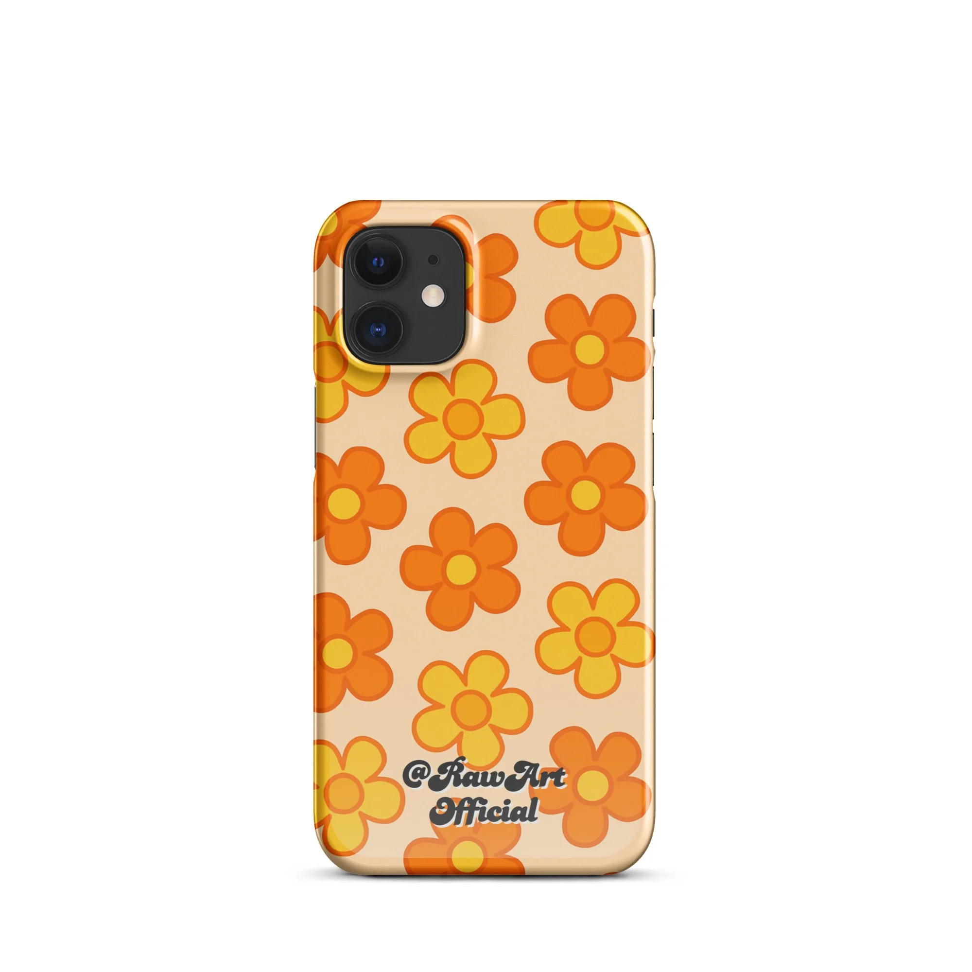 Beige iPhone case with orange and yellow retro flower pattern design.