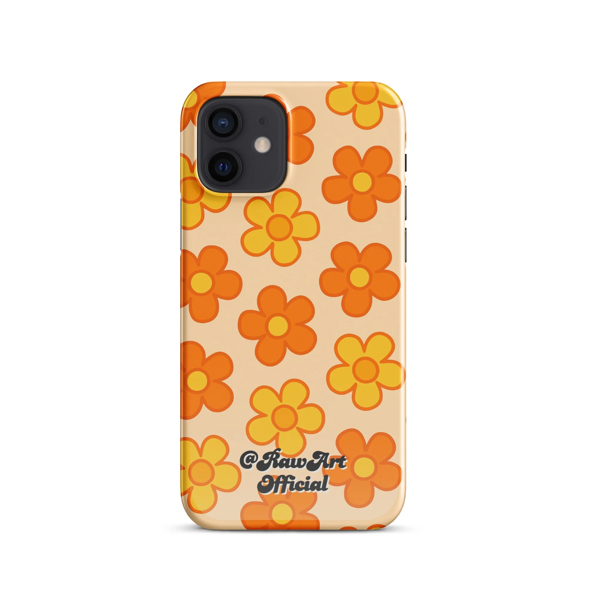 Beige iPhone case with orange and yellow retro flower pattern design.