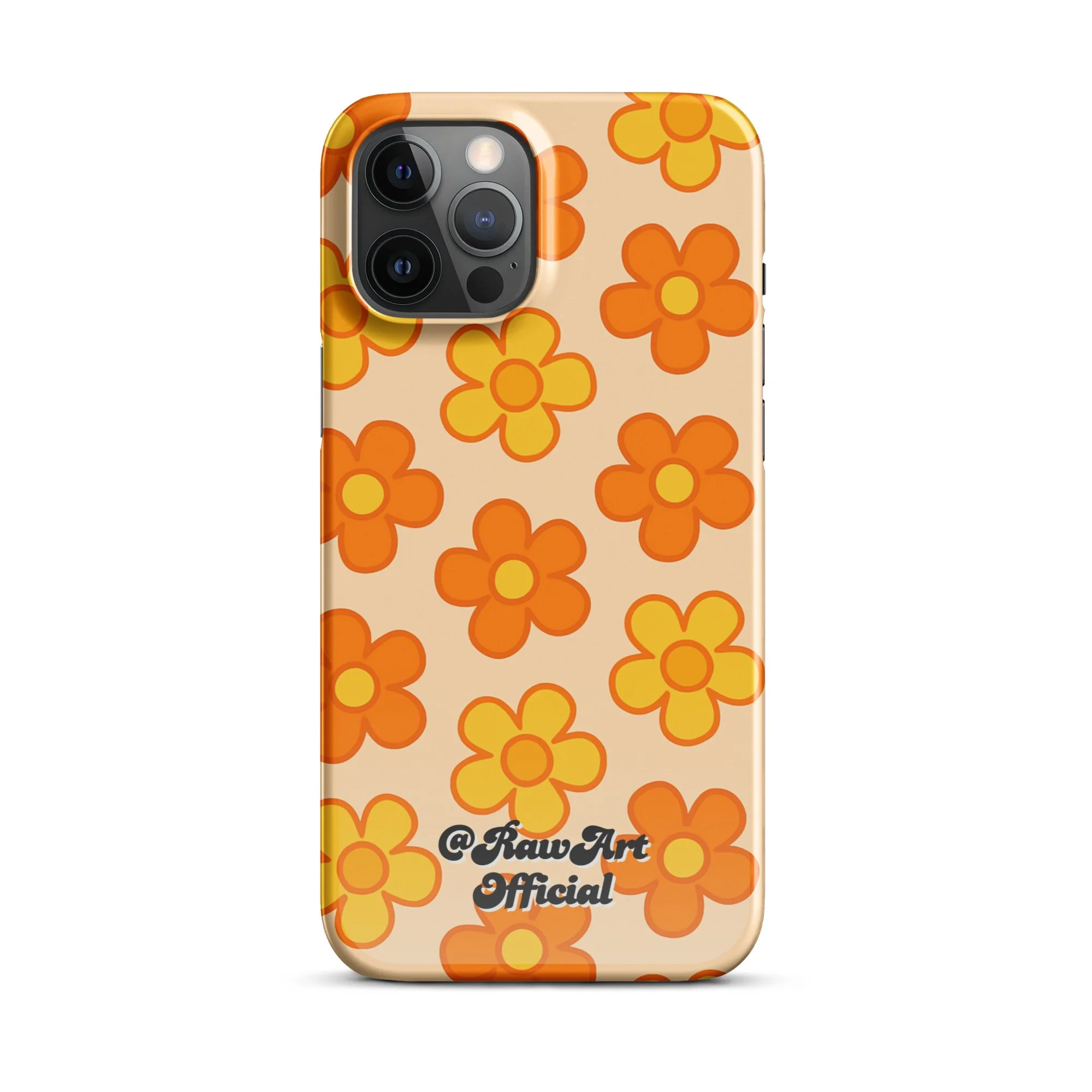 Beige iPhone case with orange and yellow retro flower pattern design.