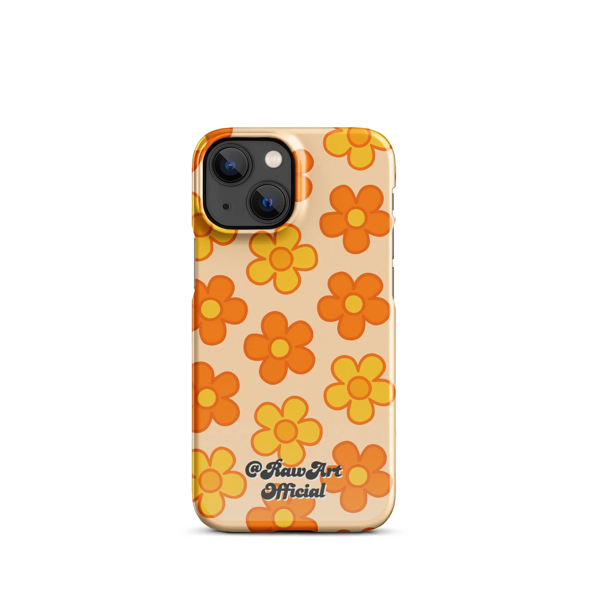 Beige iPhone case with orange and yellow retro flower pattern design.