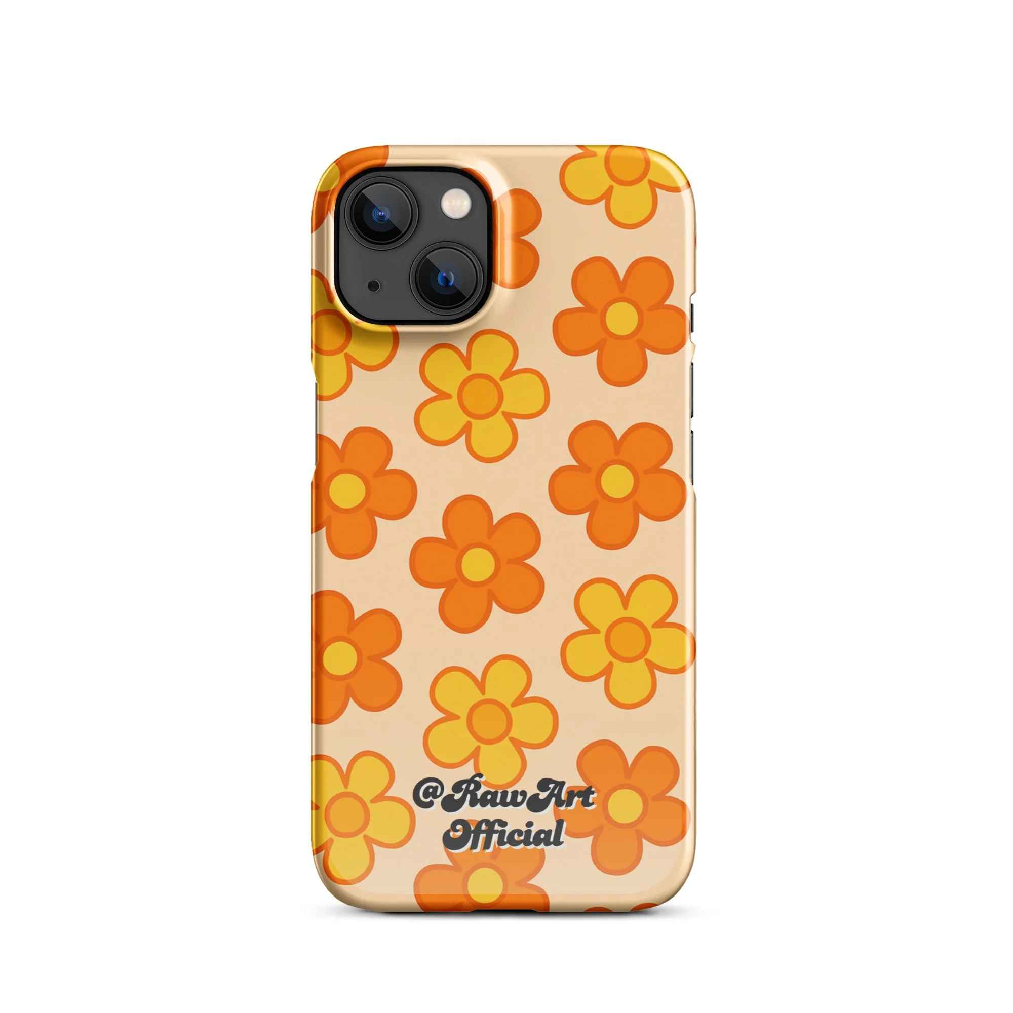 Beige iPhone case with orange and yellow retro flower pattern design.