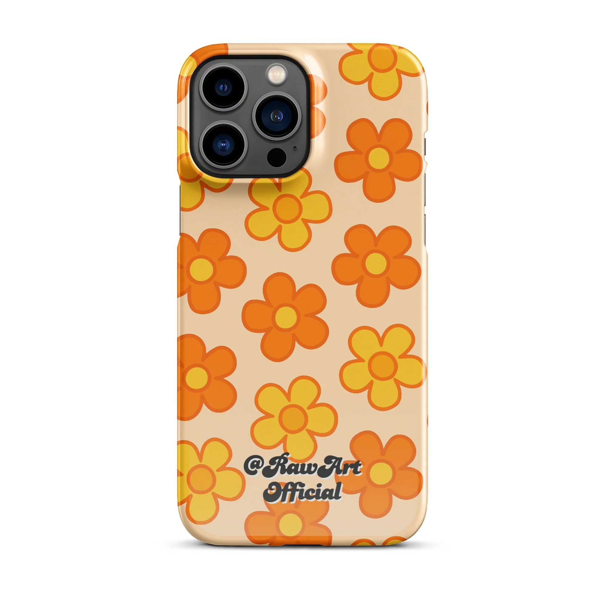 Beige iPhone case with orange and yellow retro flower pattern design.