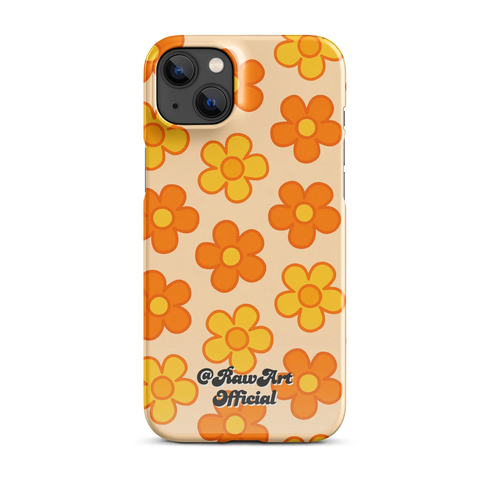 Beige iPhone case with orange and yellow retro flower pattern design.
