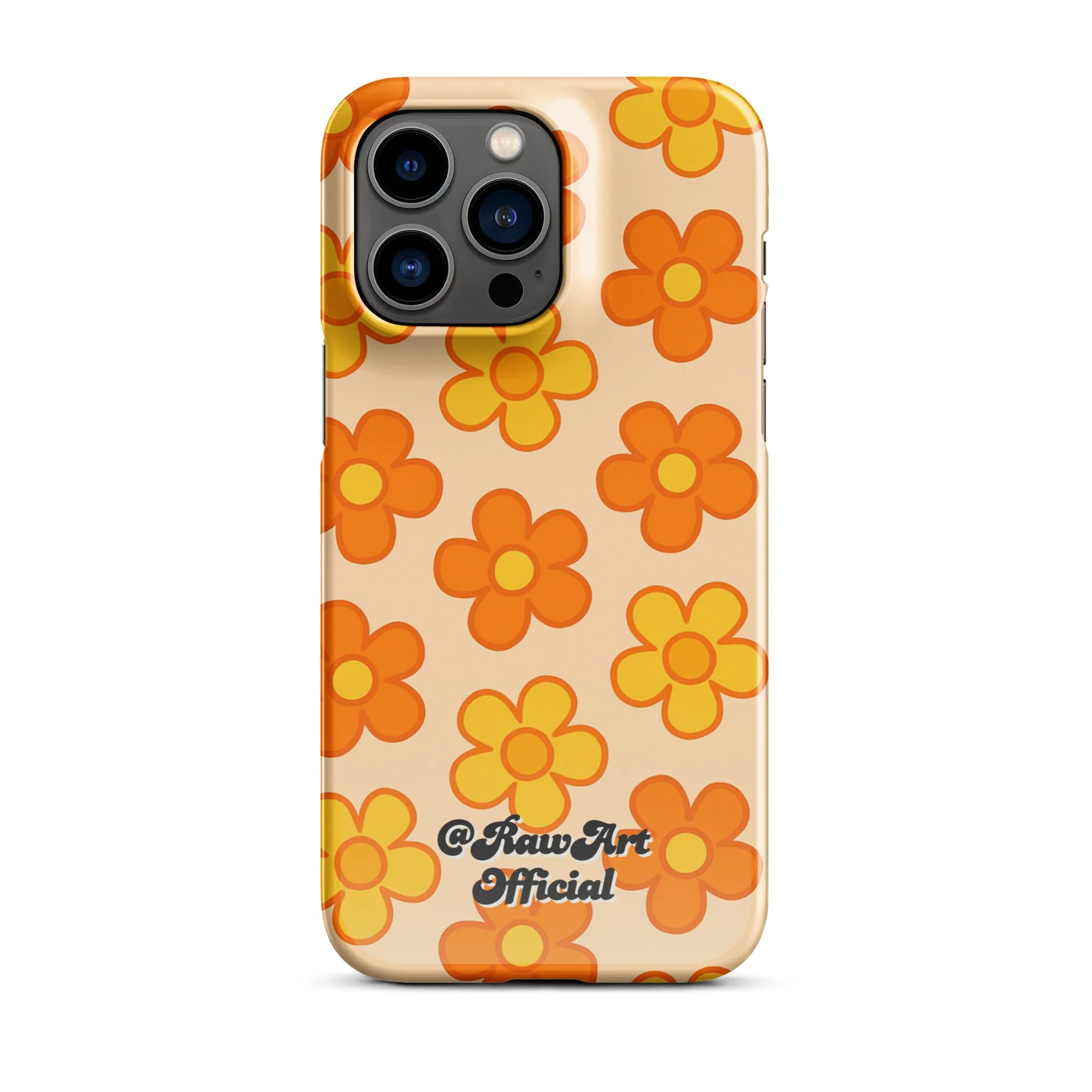 Beige iPhone case with orange and yellow retro flower pattern design.