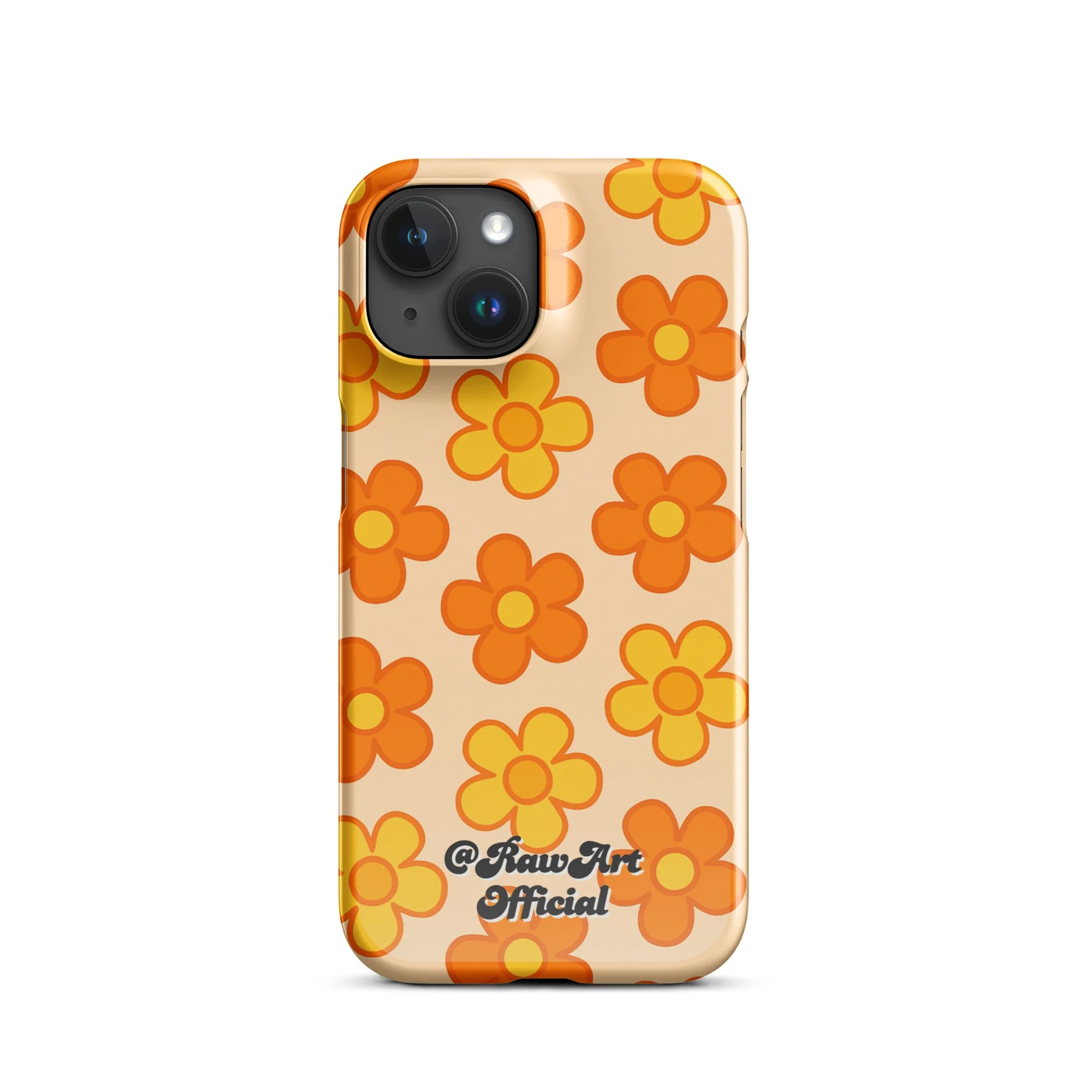 Beige iPhone case with orange and yellow retro flower pattern design.