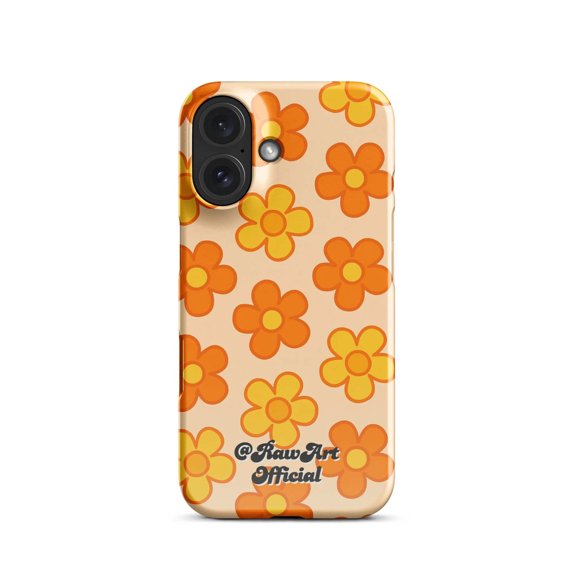 Beige iPhone case with orange and yellow retro flower pattern design.