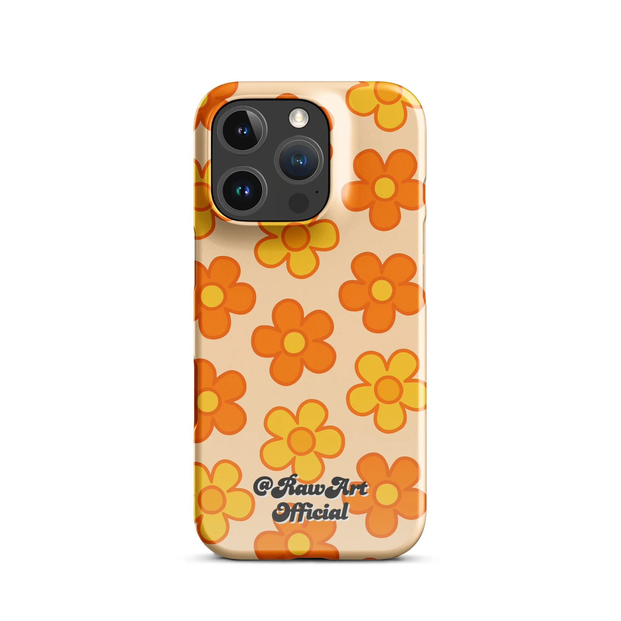 Beige iPhone case with orange and yellow retro flower pattern design.