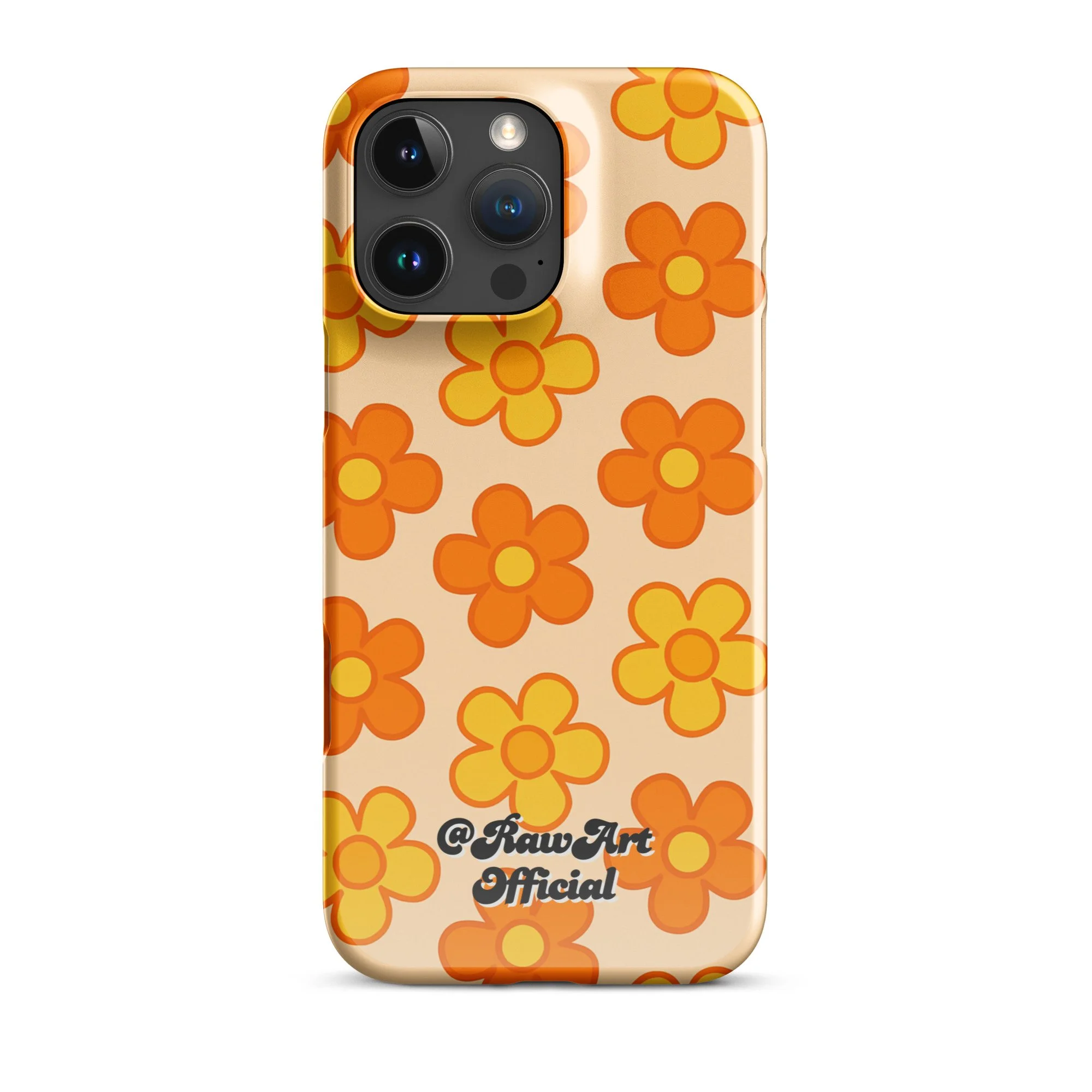 Beige iPhone case with orange and yellow retro flower pattern design.