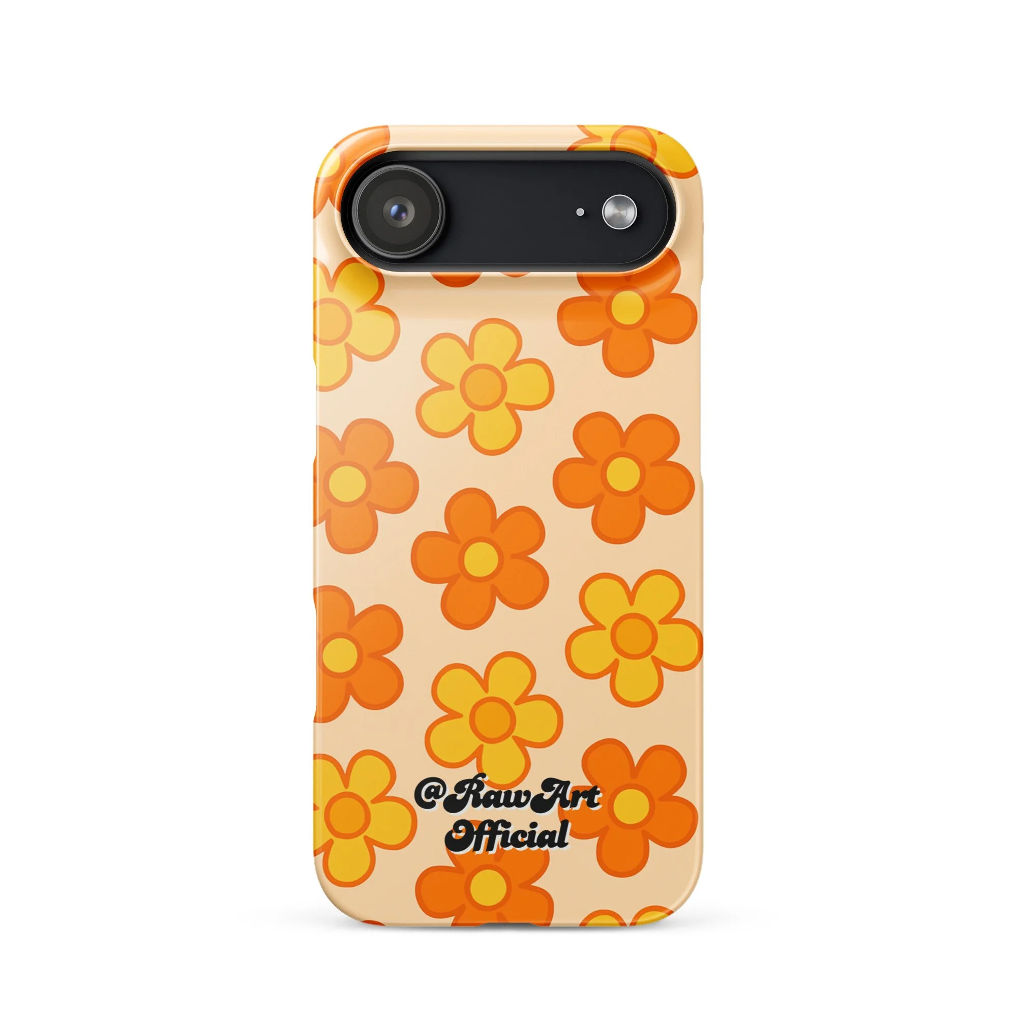 Beige iPhone case with orange and yellow retro flower pattern design.