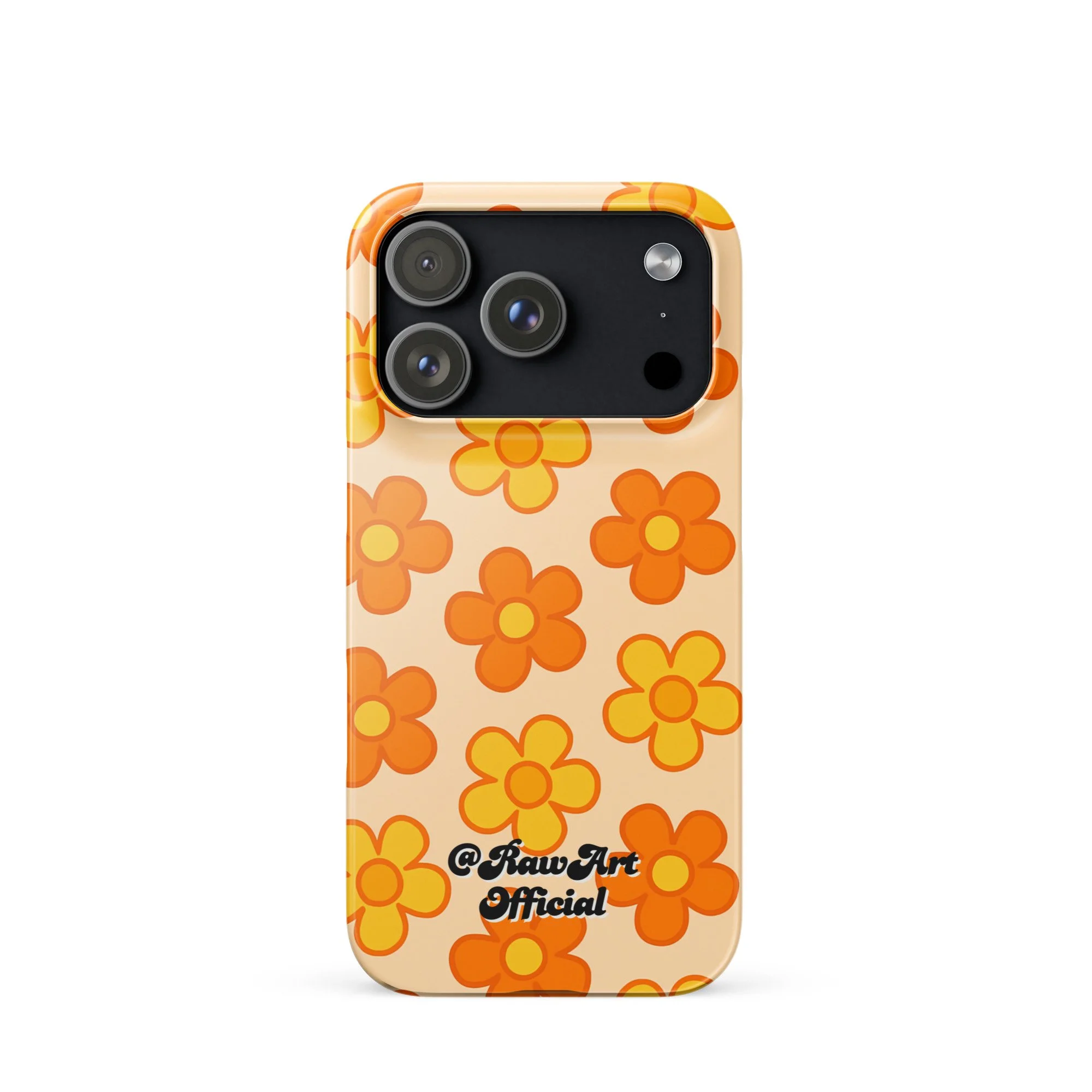 Beige iPhone case with orange and yellow retro flower pattern design.